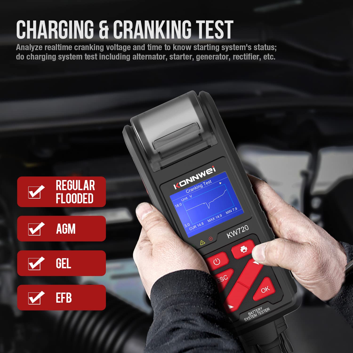 KONNWEI KW720 6V 12V 24V Car Battery Tester with Printer - Digital Auto Battery Analyzer & Alternator Starter Tester for Car, Truck, Motorcycle (100-2000CCA, Includes Paper) - Perfect for DIY Auto Maintenance & Professional Vehicle Diagnostics