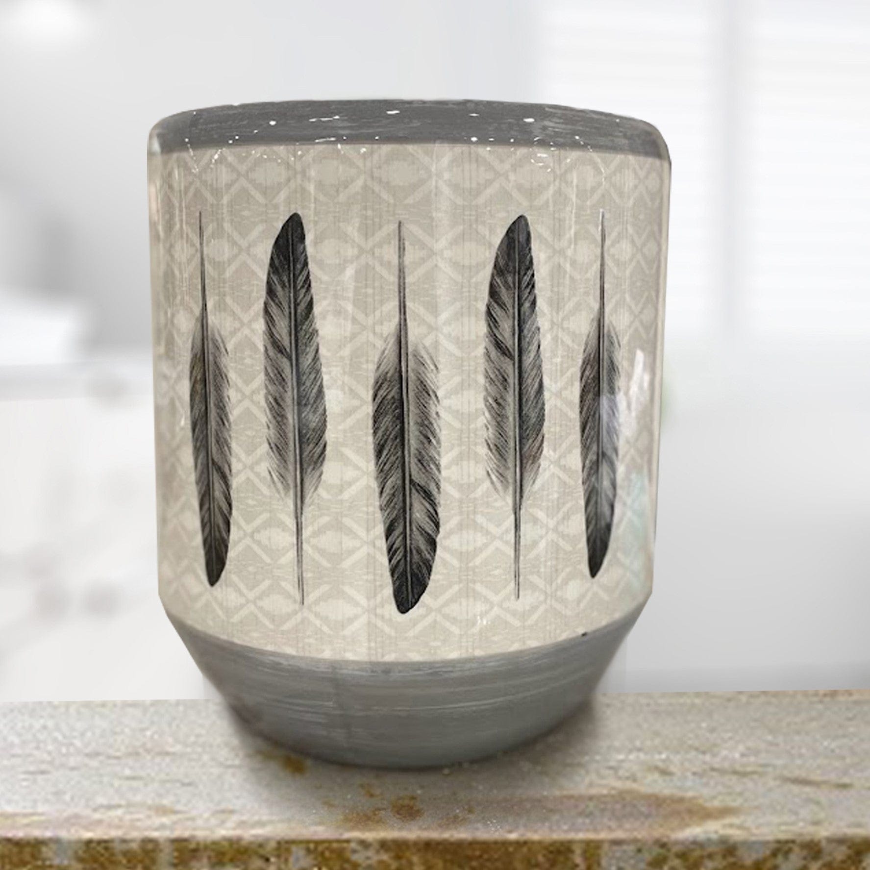 Stylish Feather Design Ceramic Wastebasket - Elegant Trash Bin for Home, Office & Bathroom Decor