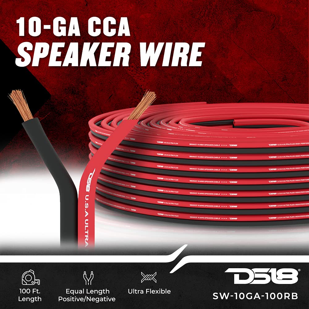 DS18 SW-10GA-100RB 10 Gauge Ultra Flexible Speaker Wire - 100ft Red & Black Oxygen-Free Copper Audio Cable for Home Theater, Car Stereo & Professional Sound Systems