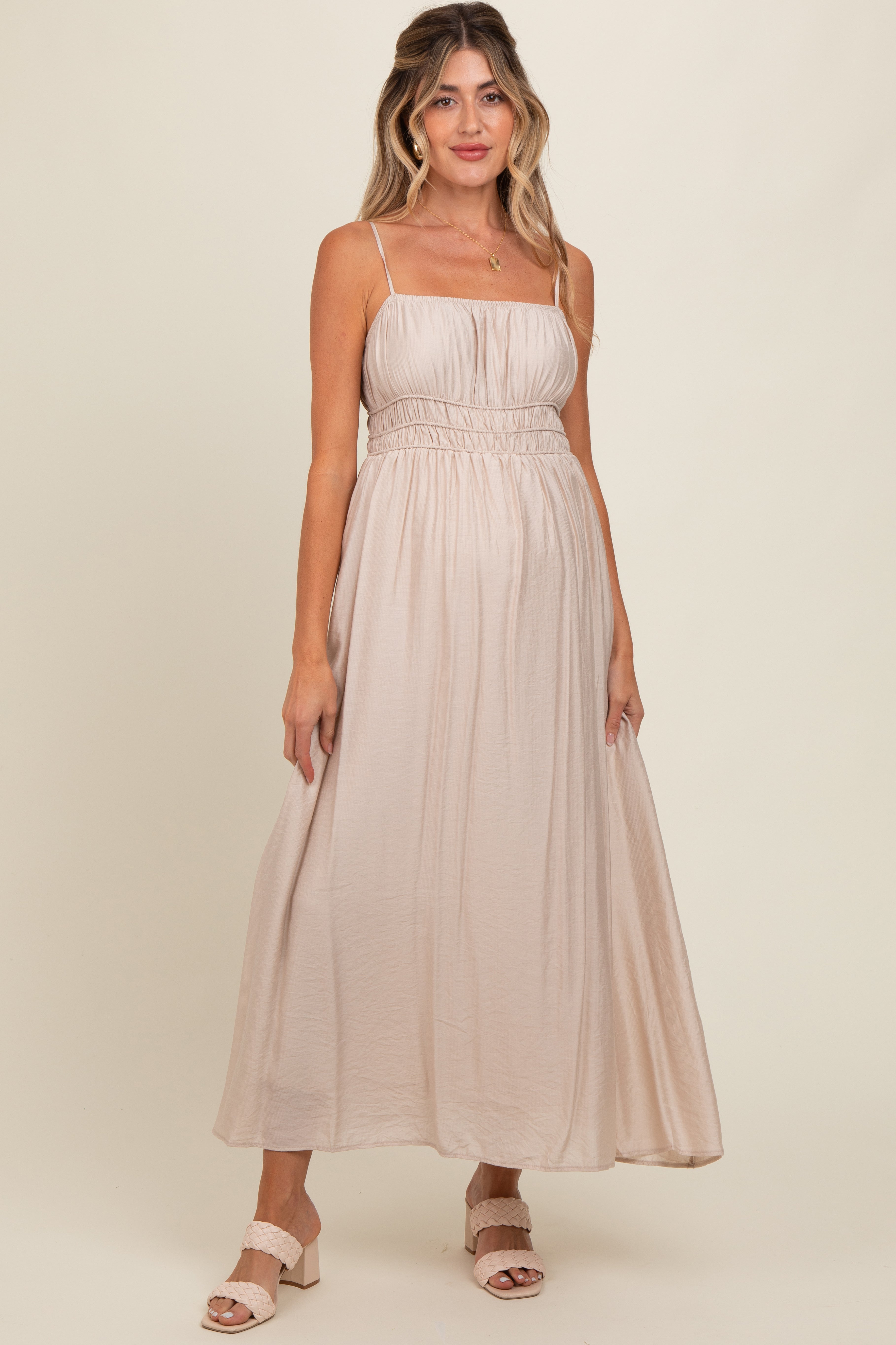 Beige Sleeveless Square Neckline Maternity Maxi Dress for Pregnancy - Comfortable Summer Maternity Dress for Baby Shower, Beach Vacation & Photoshoot
