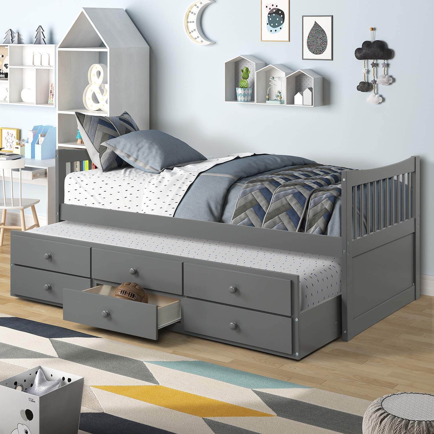 Rhomtree Twin Daybed with Trundle - Grey Storage Platform Bed Frame with Headboard, Footboard & 3 Drawers - Perfect for Kids Room, Guest Bedroom or Small Space