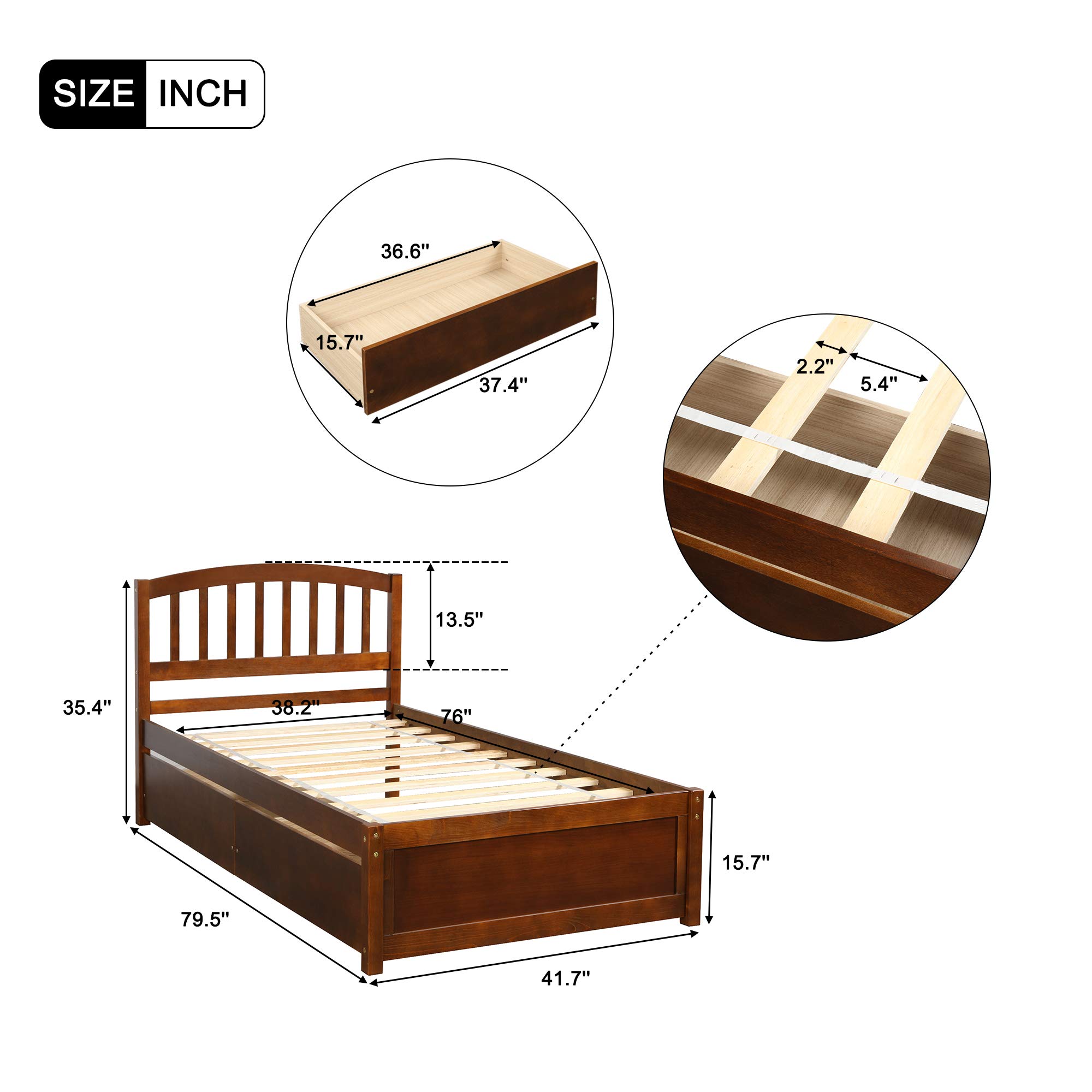 Harper & Bright Designs Twin Storage Bed Frame with 2 Drawers & Headboard - Solid Wood Platform Bed in Walnut Finish - Perfect for Kids' Room, Guest Bedroom & Small Space Organization
