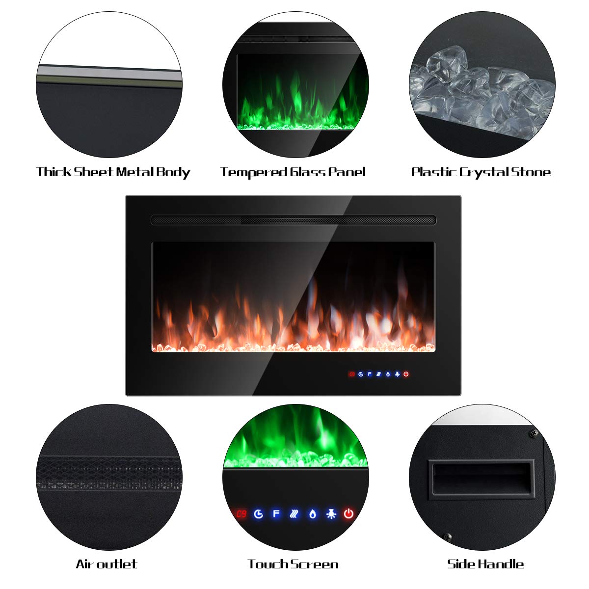 COSTWAY 36-Inch Electric Fireplace Insert - 750W/1500W Recessed Wall Mount Fireplace with Remote Control, 9 Flame Colors & 5 Brightness Settings, 8-Hour Timer - Indoor Fireplace Heater for Living Room, Bedroom & Office