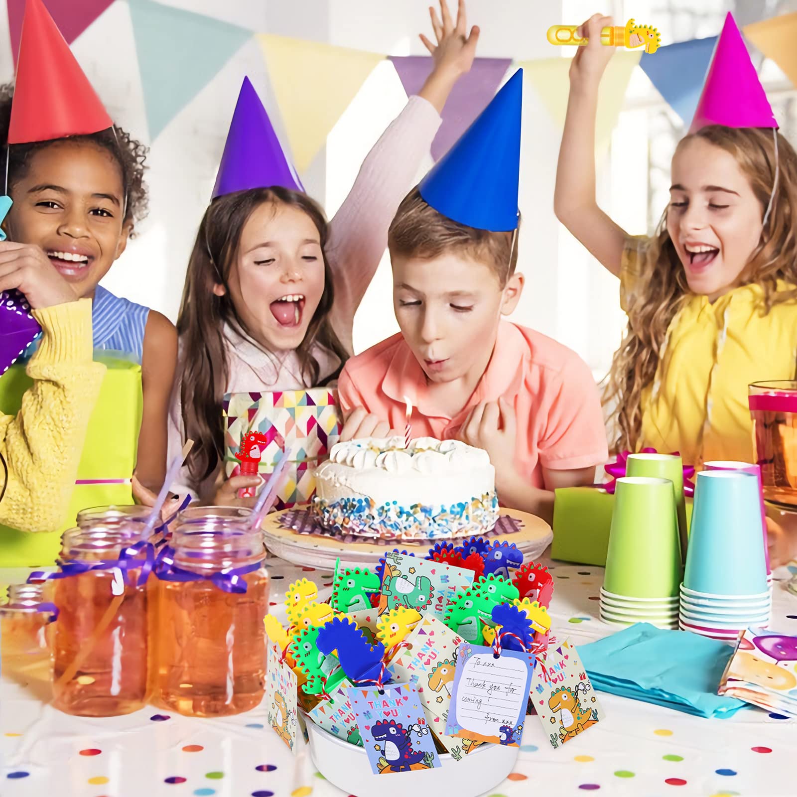 24Pcs Dinosaur Bubble Wands - Fun Outdoor Bubble Blowing Toys for Kids, Dinosaur Birthday Party Favors, Goodie Bags Fillers & Prize Box Supplies - Includes 24 Gift Cards - Perfect for Outdoor Play, Birthday Parties, Summer Activities & Kids Events