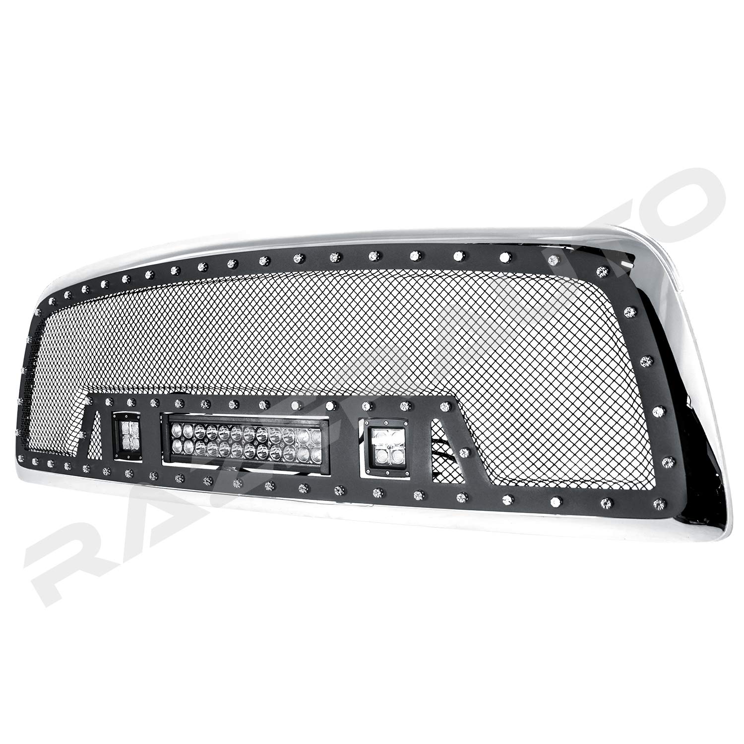 2009-2012 Dodge Ram 1500 Complete Chrome Grille Shell Replacement with Matte Black Stainless Steel Mesh & LED Lights - Upgrade Your Truck's Front End for Enhanced Style and Visibility
