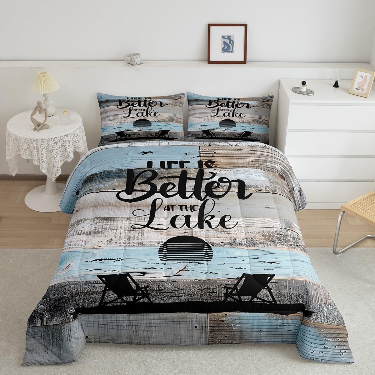 Lake House Bedding Set King Size - Rustic Farmhouse Comforter Set for Kids, Teens & Adults | Blue Grey Wooden Barn Door Quilt with Duvet Insert | Cozy Bedroom Decor for Women & Home | Perfect for Lakeside Cabins, Beach Houses & Farmhouse Style Bedrooms