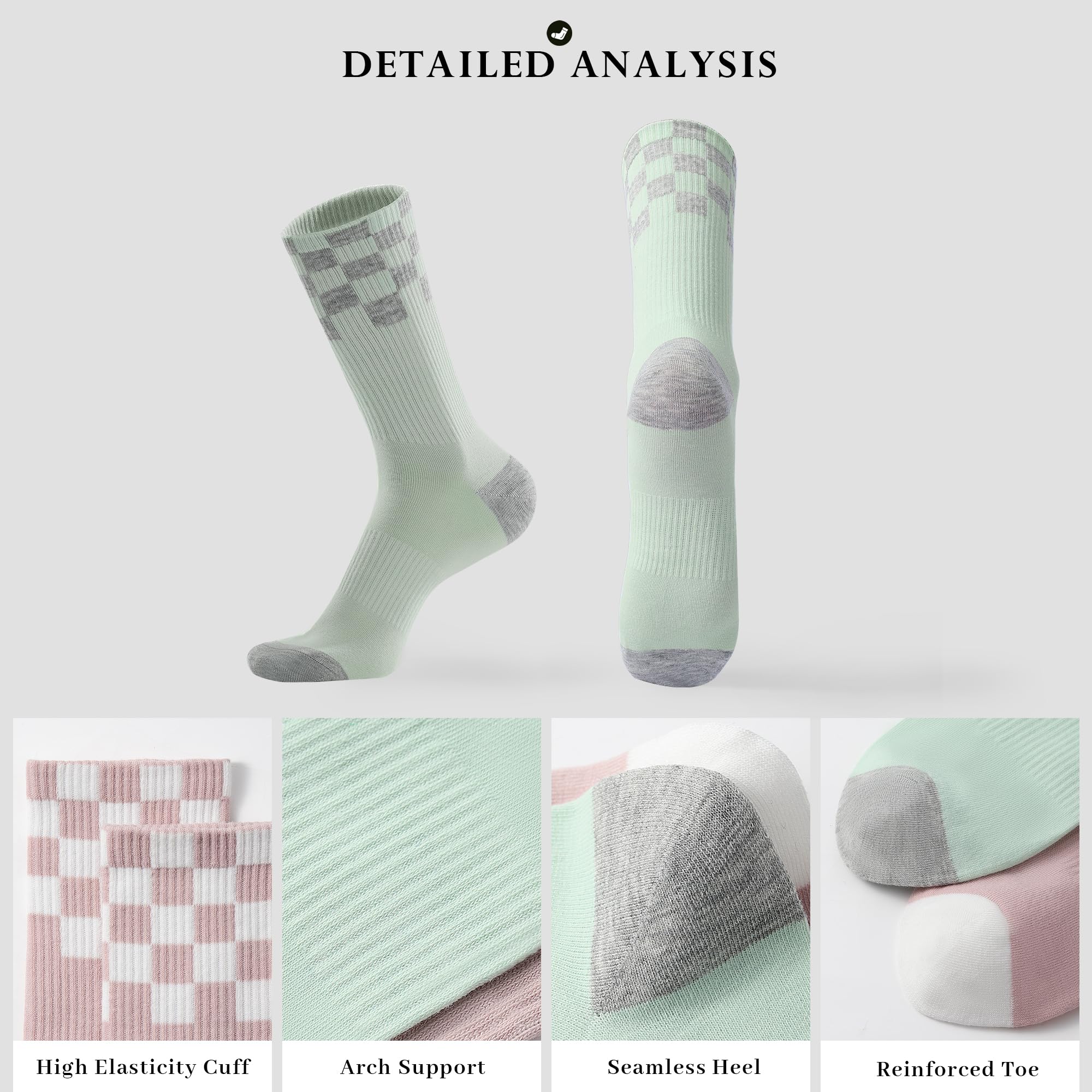 Honeysea 6 Pairs Unisex Crew Socks - Checkerboard Athletic Compression Socks for Women & Men, Breathable Running & Sports Calf Socks - Perfect for Workouts, Jogging, and Daily Comfort Wear