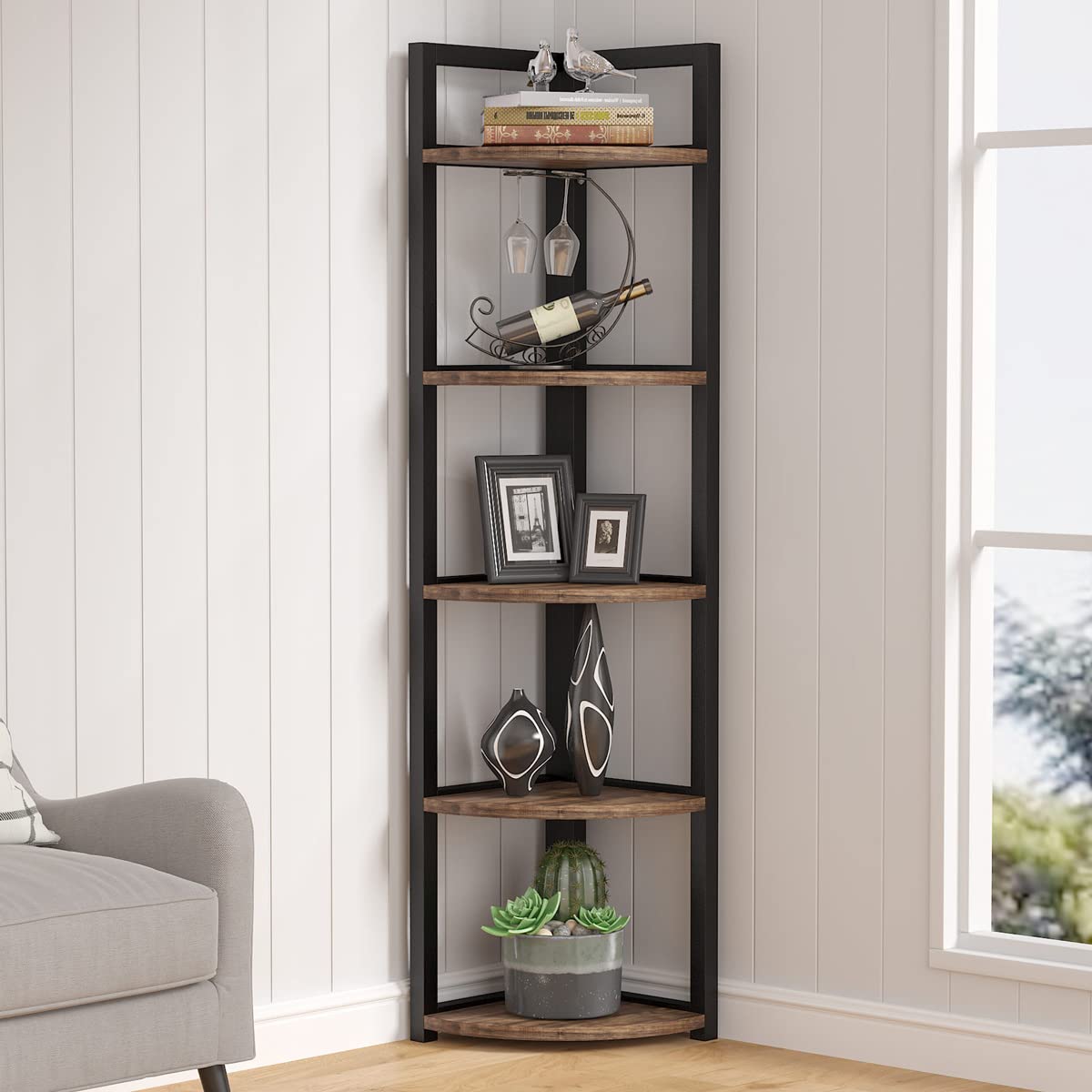 Tribesigns 5-Tier Corner Shelf - Rustic Wooden Bookcase for Small Spaces, Home Office & Living Room - Compact Storage Rack for Books, Plants & Decor (Brown) - Perfect for Apartments, Dorms & Cozy Homes