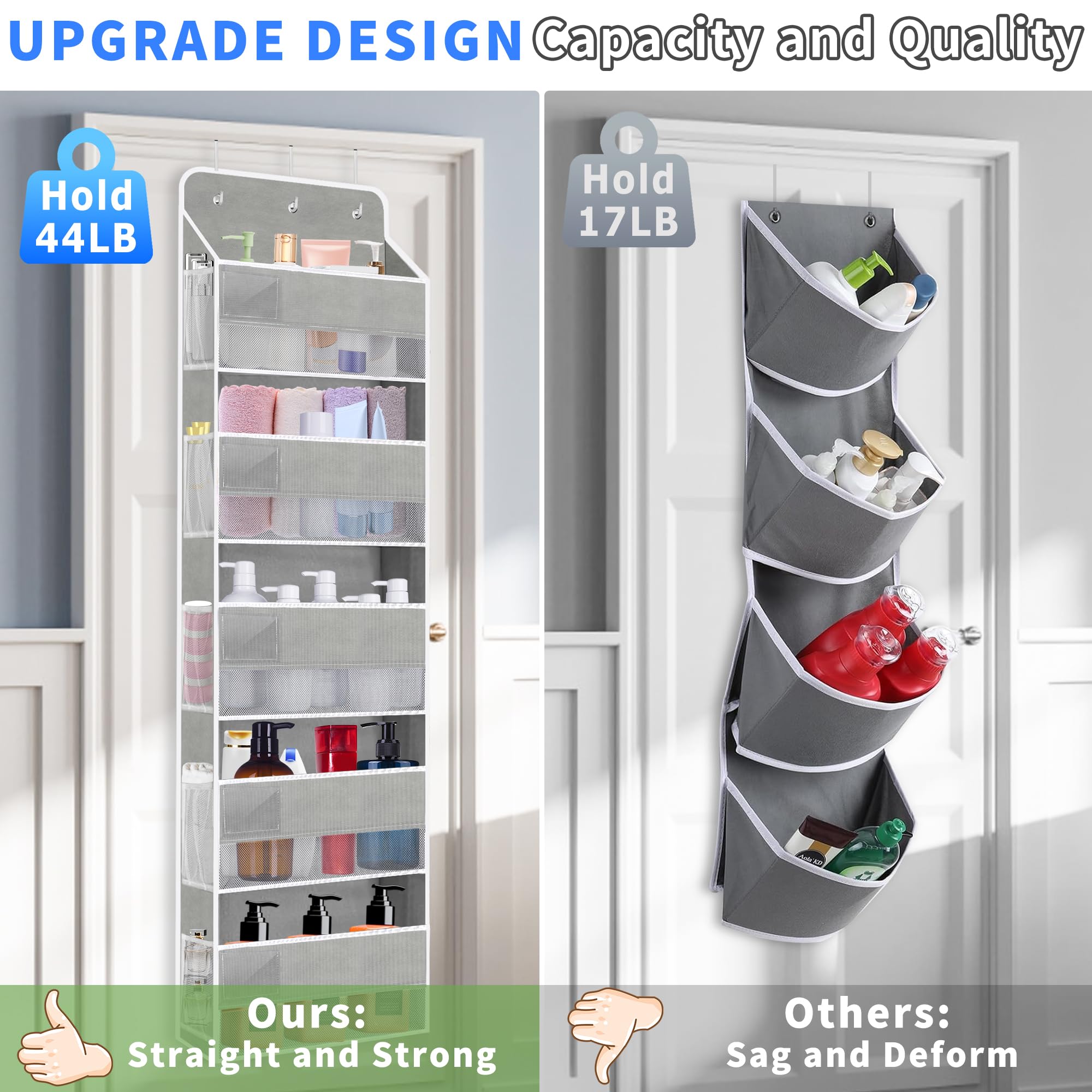 Over The Door Organizer with 5 Large Pockets & 10 Mesh Side Pockets - Heavy Duty 44lbs Capacity Hanging Storage for Nursery, Bathroom, Bedroom & Pantry - Perfect for Toys, Towels, Shoes & Pantry Items
