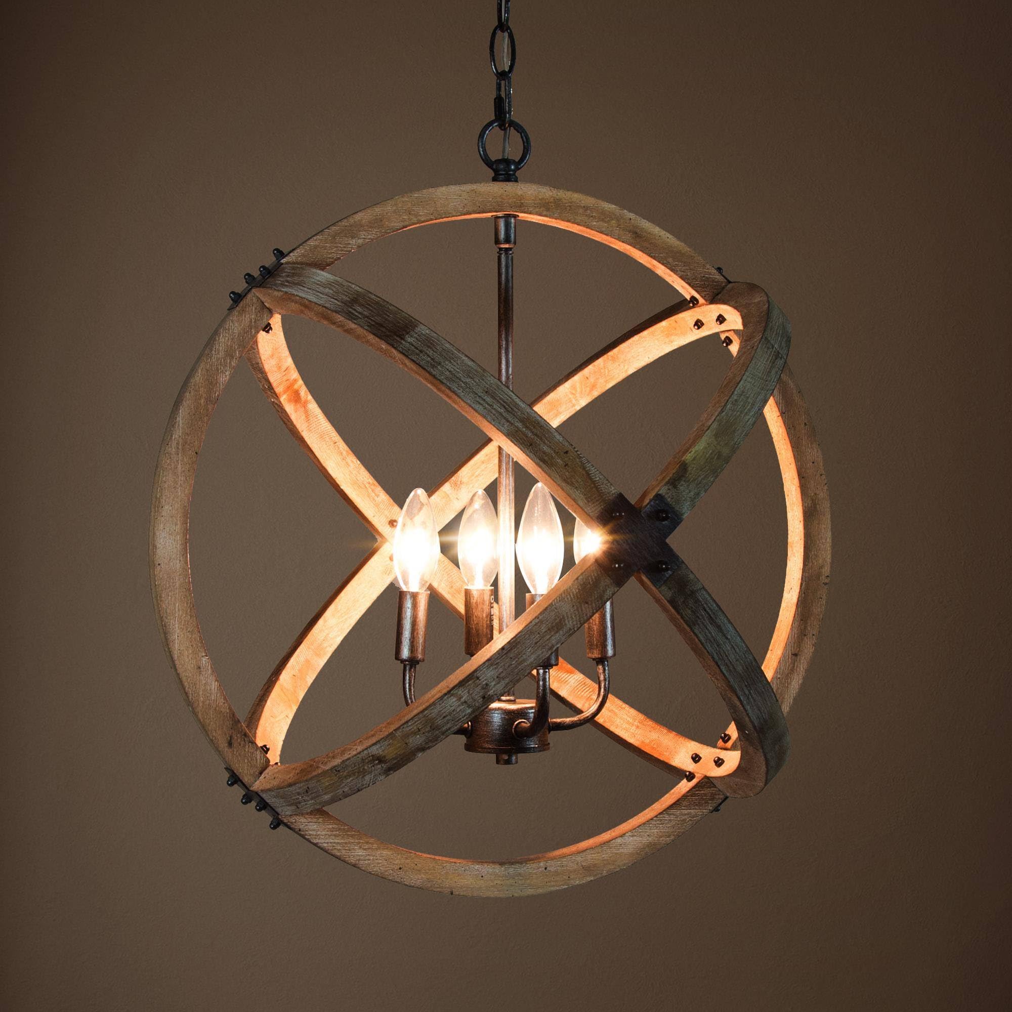 Rustic Farmhouse Chandelier - 4-Light Large Orb Pendant Light with Barn Wood & Metal Finish, 20