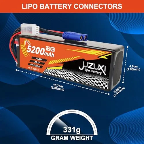 2Pcs 11.1V 5200mAh 3S 120C Lipo Battery with XH & EC5 Connector - High Power Rechargeable Lithium Polymer Battery for RC Car, Boat, Quadcopter, Helicopter, Airplane and RC Models - Perfect for Racing, FPV Drones and Long Flight Time Applications