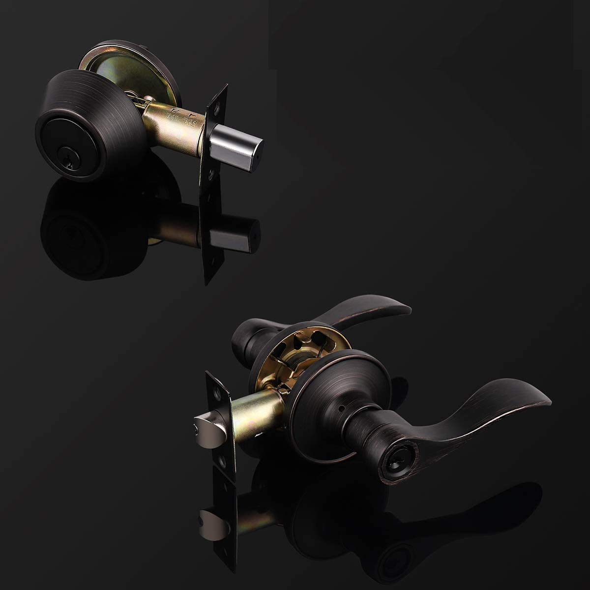 2 Pack Front Door Lockset with Single Cylinder Deadbolt - Keyed Alike Exterior Door Lock Set in Oil Rubbed Bronze Wave Style | Secure Your Home with Durable Door Handle & Deadbolt Combo for Front Entry Doors