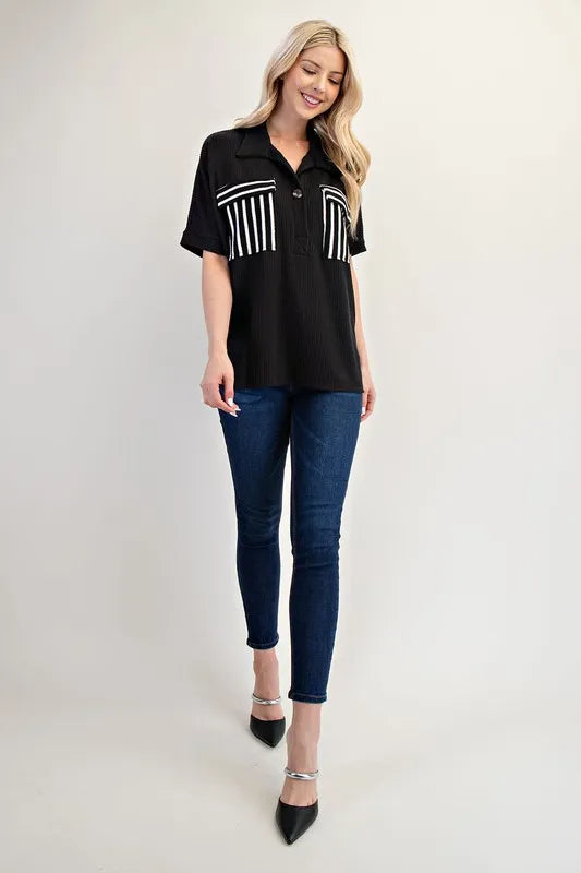 Celeste Plus Size Full-Length Rib Knit Collared Top with Striped Pockets - Black & White Stripes | Casual Office Wear & Weekend Outfits