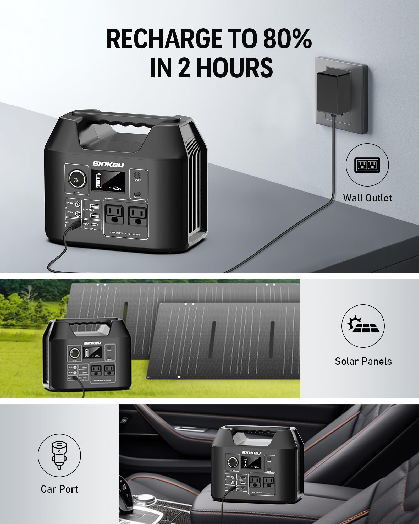 SinKeu 80000mAh Portable Power Station - 256Wh LiFePO4 Battery with 110V AC/DC 65W Output, 15W USB-A & 18W USB-C PD - Solar Generator for Camping, RV Travel, Emergency Backup & Outdoor Adventures - Perfect for Powering Devices During Blackouts or Off-Grid Living