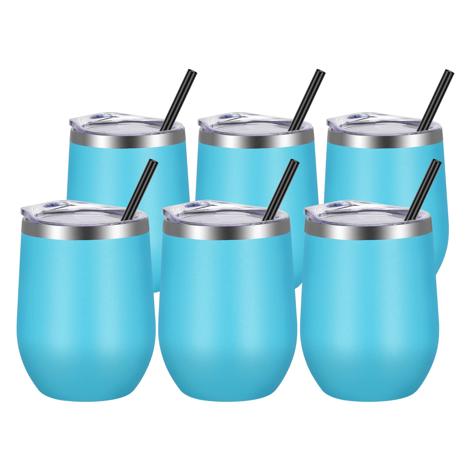 VEGOND 6-Pack 12oz Stainless Steel Stemless Wine Tumblers with Lids & Straws - Double Wall Vacuum Insulated Cups for Hot/Cold Drinks - Perfect for Wine, Coffee, Cocktails at Home, Office or Outdoor Parties
