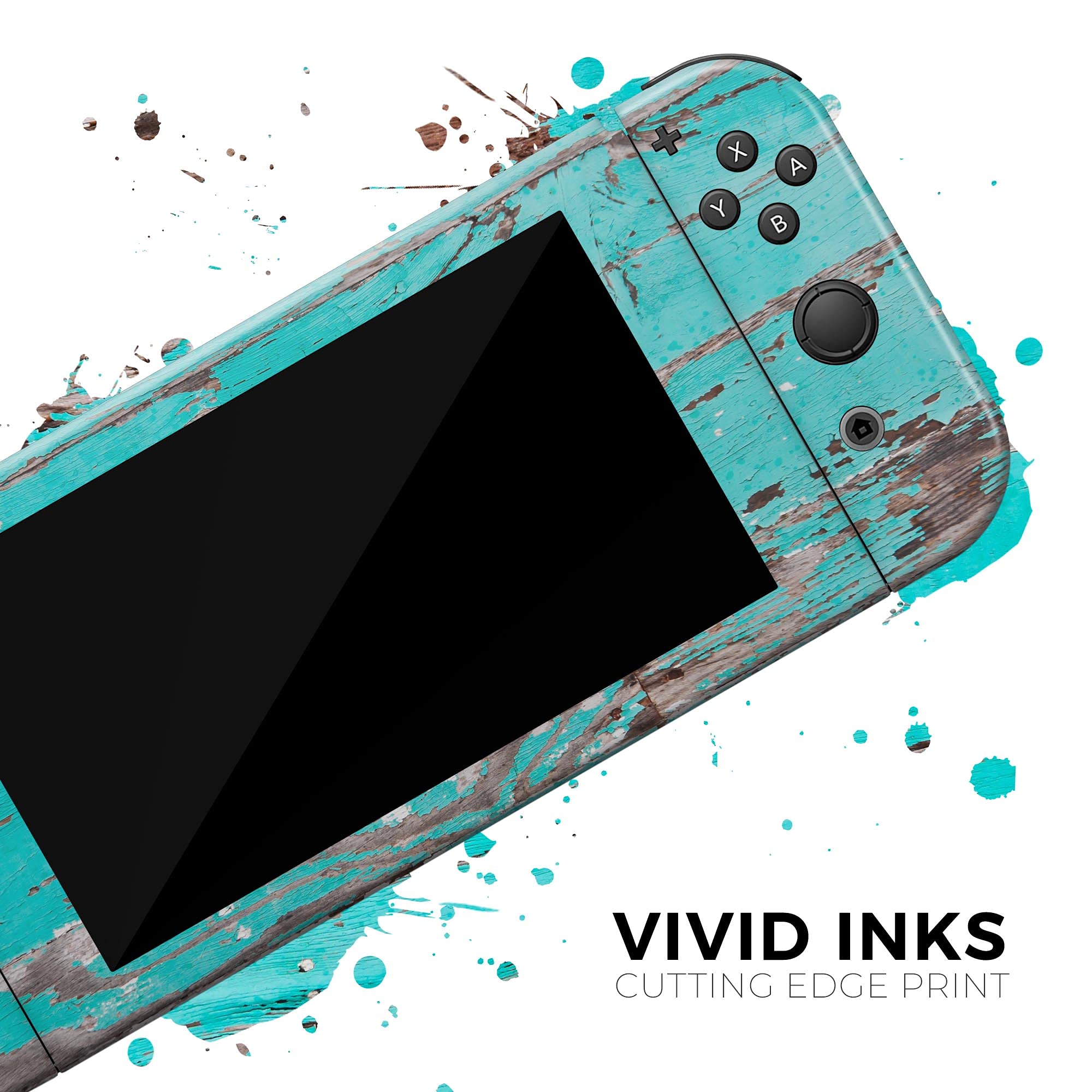 Nintendo Switch OLED Console & Joy-Con Compatible Skin Decal - Scratch-Resistant Removable Vinyl Wrap Cover - Turquoise Chipped Paint Wood Design | Perfect for Gaming Protection & Personalization