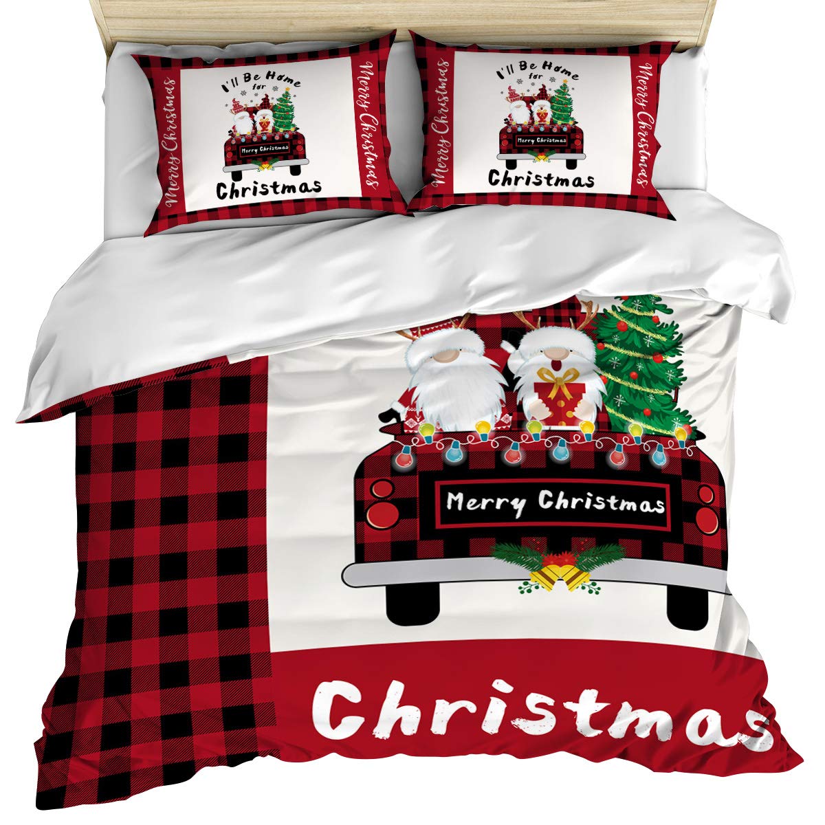 Luxury King Size Duvet Cover Set - 3 Piece Christmas Tree Truck Gnomes Bedding with Buffalo Plaid Snowflake Design | Soft Cotton Vintage Quilt Cover & Pillow Shams | Washable for Cozy Winter Bedroom Decor | Perfect for Holiday Guest Rooms & Cabin Retreats