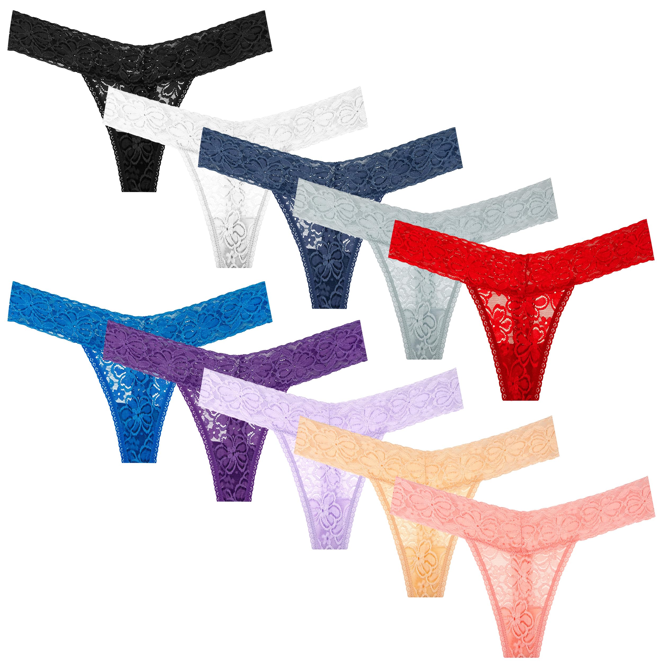 10 Pack Seamless Lace Thongs for Women Plus Size - Breathable Low Rise T-Back Cotton Underwear No Show Panties - Perfect for Everyday Wear, Workout & Special Occasions