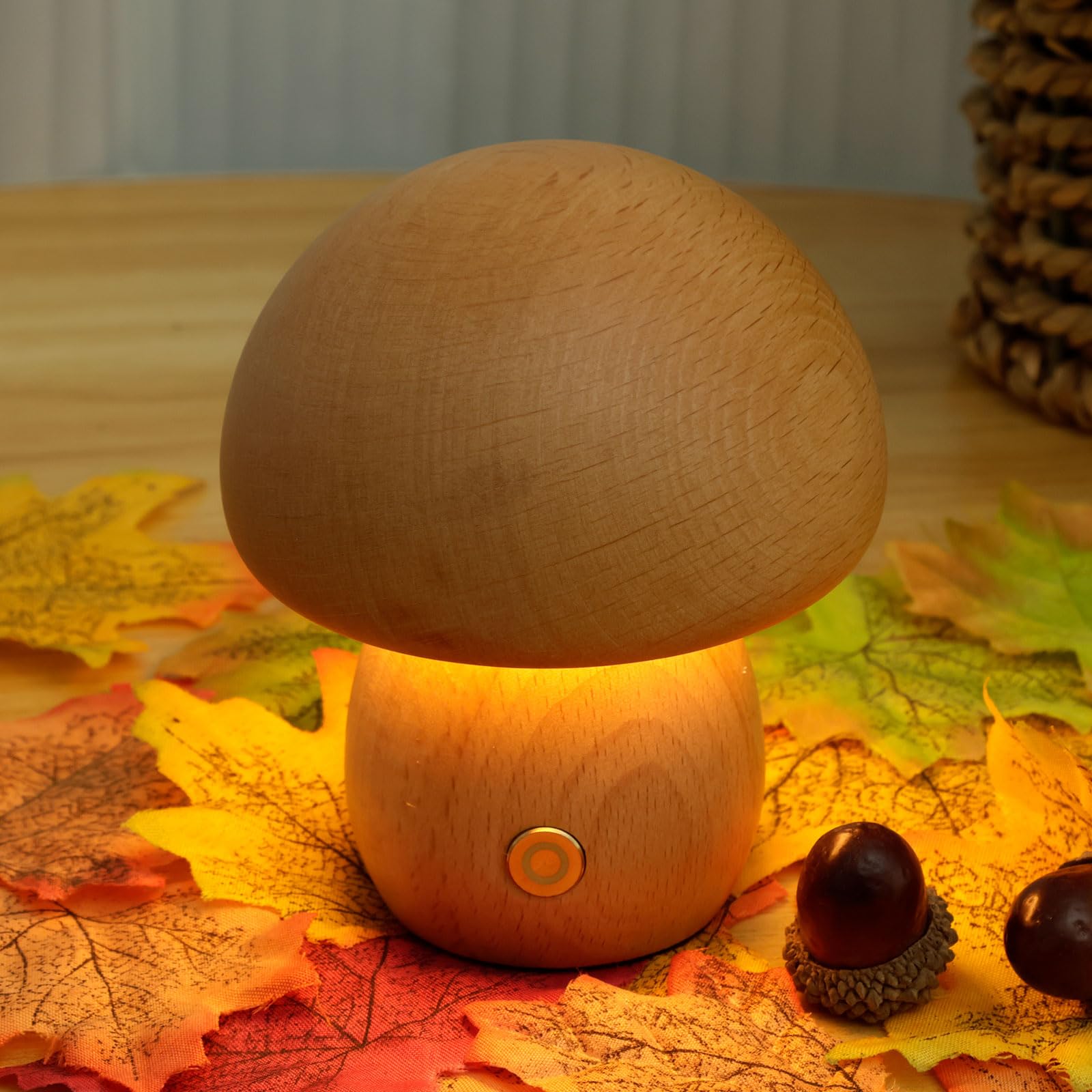 USB Rechargeable Mushroom Night Light - Dimmable LED Touch Lamp with 600mAh Battery, Wooden Table Lamp for Bedroom, Living Room, Nursery | Eye Protection Ambient Lighting for Kids & Adults | Perfect for Bedside, Reading Corner, and Cozy Home Decor