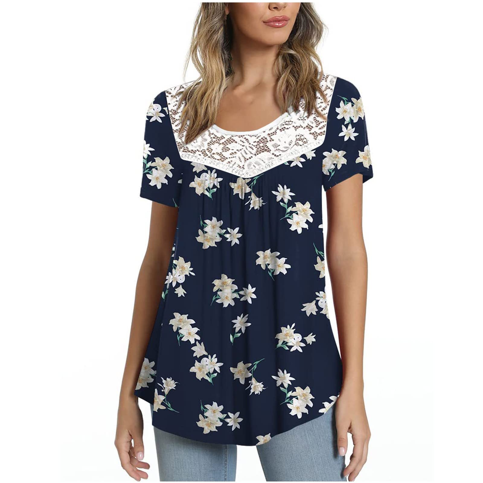 Women's Summer Lace Patchwork Printed Tank Tops - Fashion Round Neck Short Sleeve Blouse for Casual Wear, Beach & Vacation Outfits