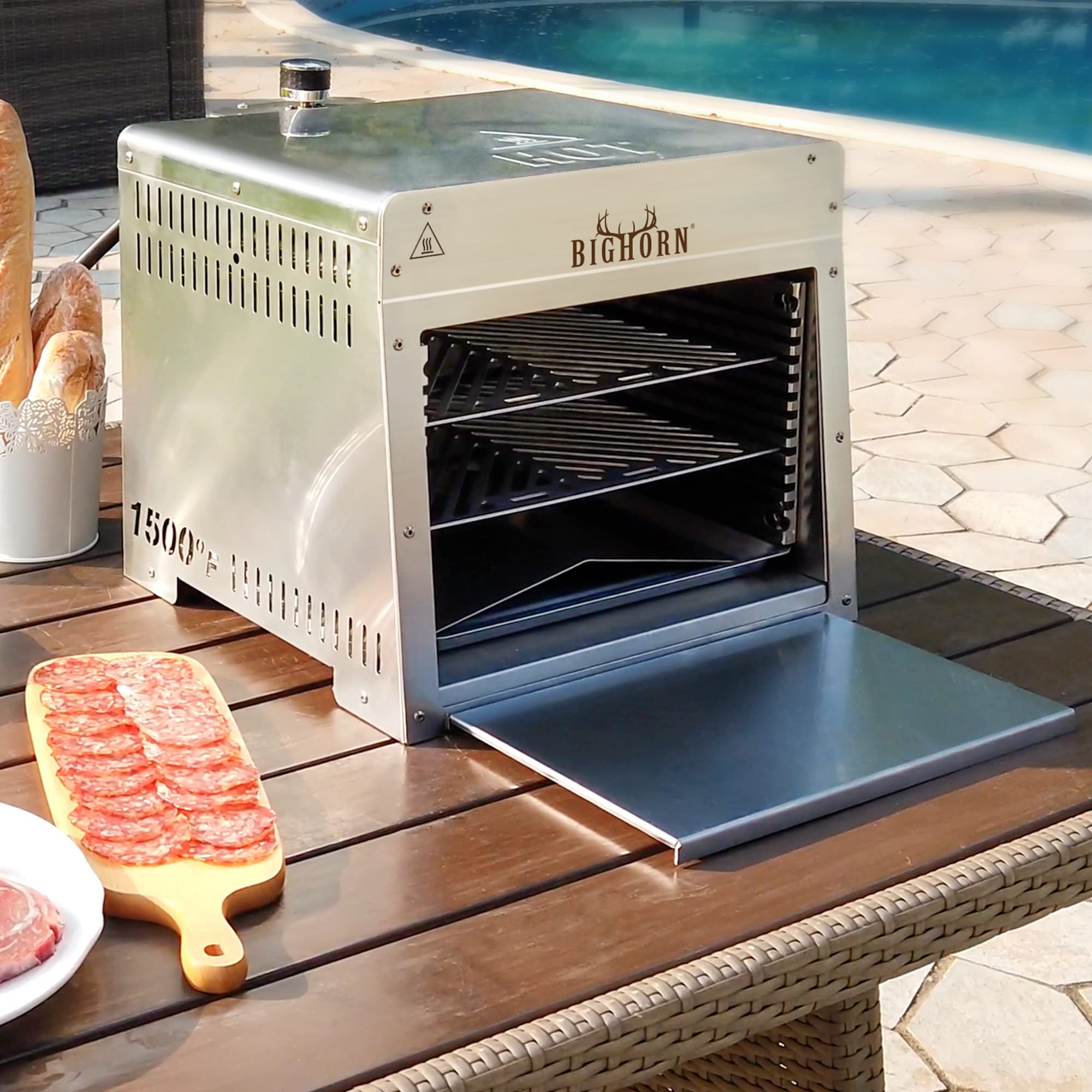 BIG HORN OUTDOORS 1500°F Portable Infrared Grill Tabletop Broiler - Stainless Steel Propane Steak Cooker & Outdoor BBQ Machine with Pizza Stone - Perfect for Grilling Steaks, Burgers, Pizza in Backyard, Camping & Tailgating Parties