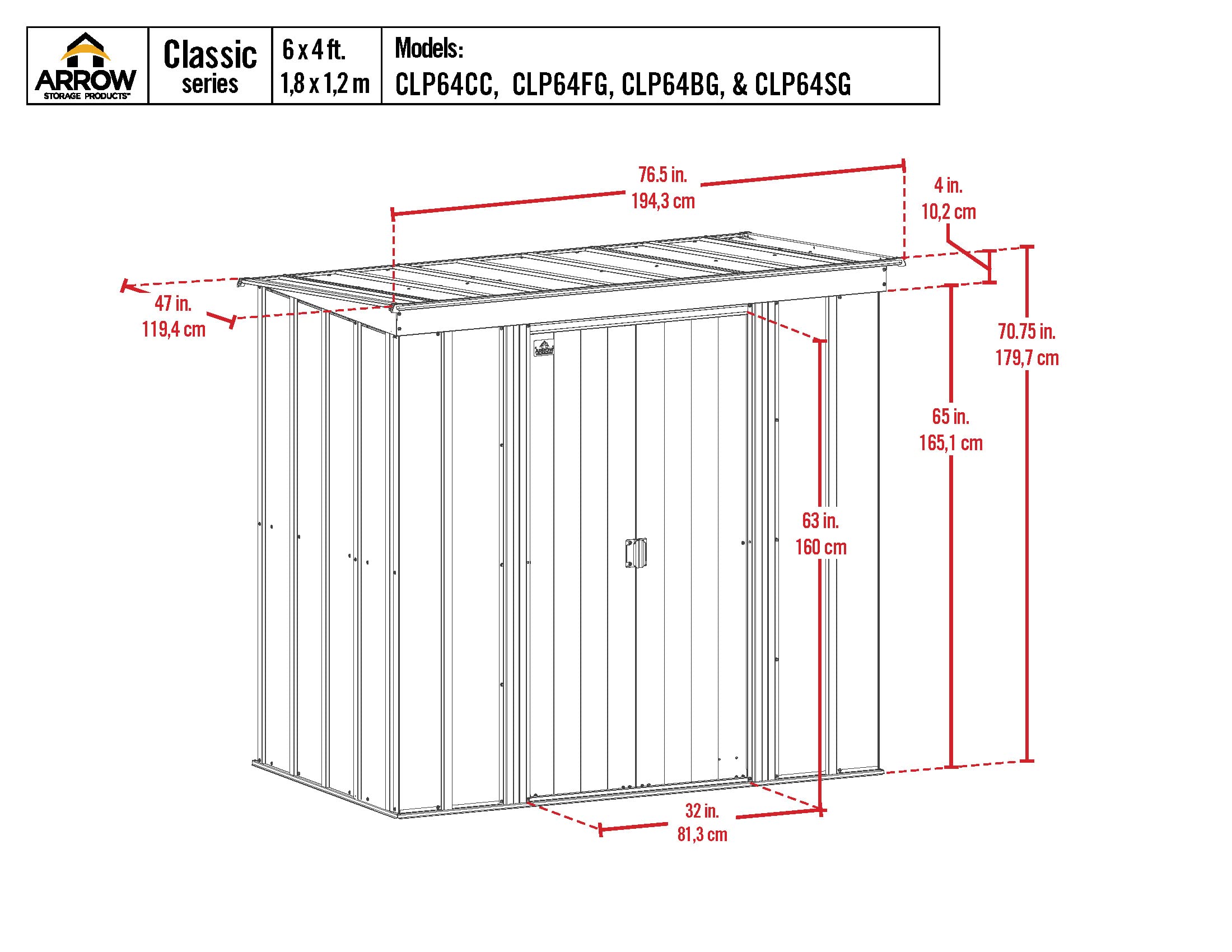 Arrow Classic Steel Storage Shed 6x4 ft Outdoor Garden Shed, Flute Grey - Perfect for Backyard Storage, Lawn Equipment, and Gardening Tools