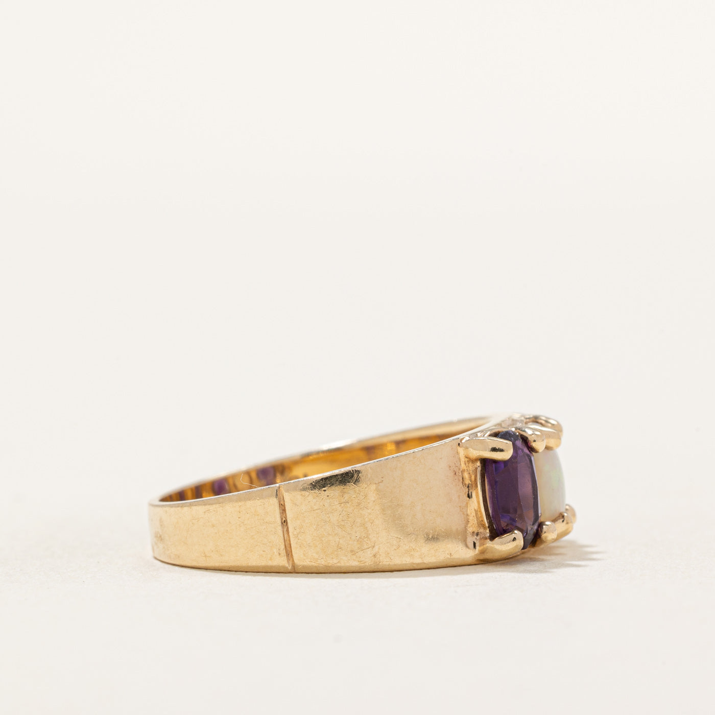 Amethyst & Opal Three Stone Ring - 0.60ctw Gemstone Ring with 0.25ct Diamonds - Size 7 - Elegant Jewelry for Women, Perfect for Anniversary Gifts & Special Occasions