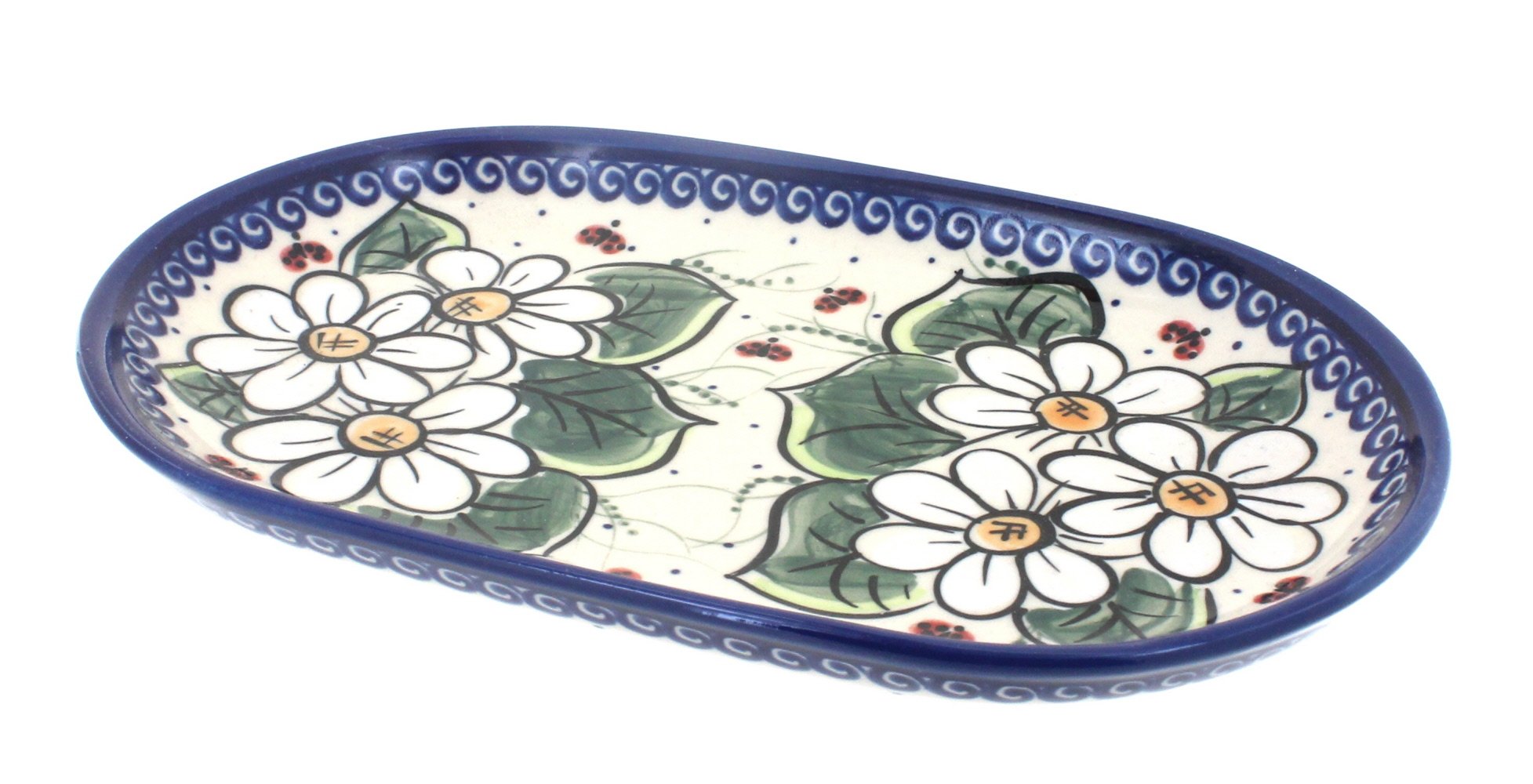 Handmade Blue Rose Polish Pottery Ladybug Small Oval Dish - Decorative Ceramic Trinket Tray for Jewelry, Keys & Coins | Perfect Gift for Home Décor, Kitchen & Dining Room Accessories