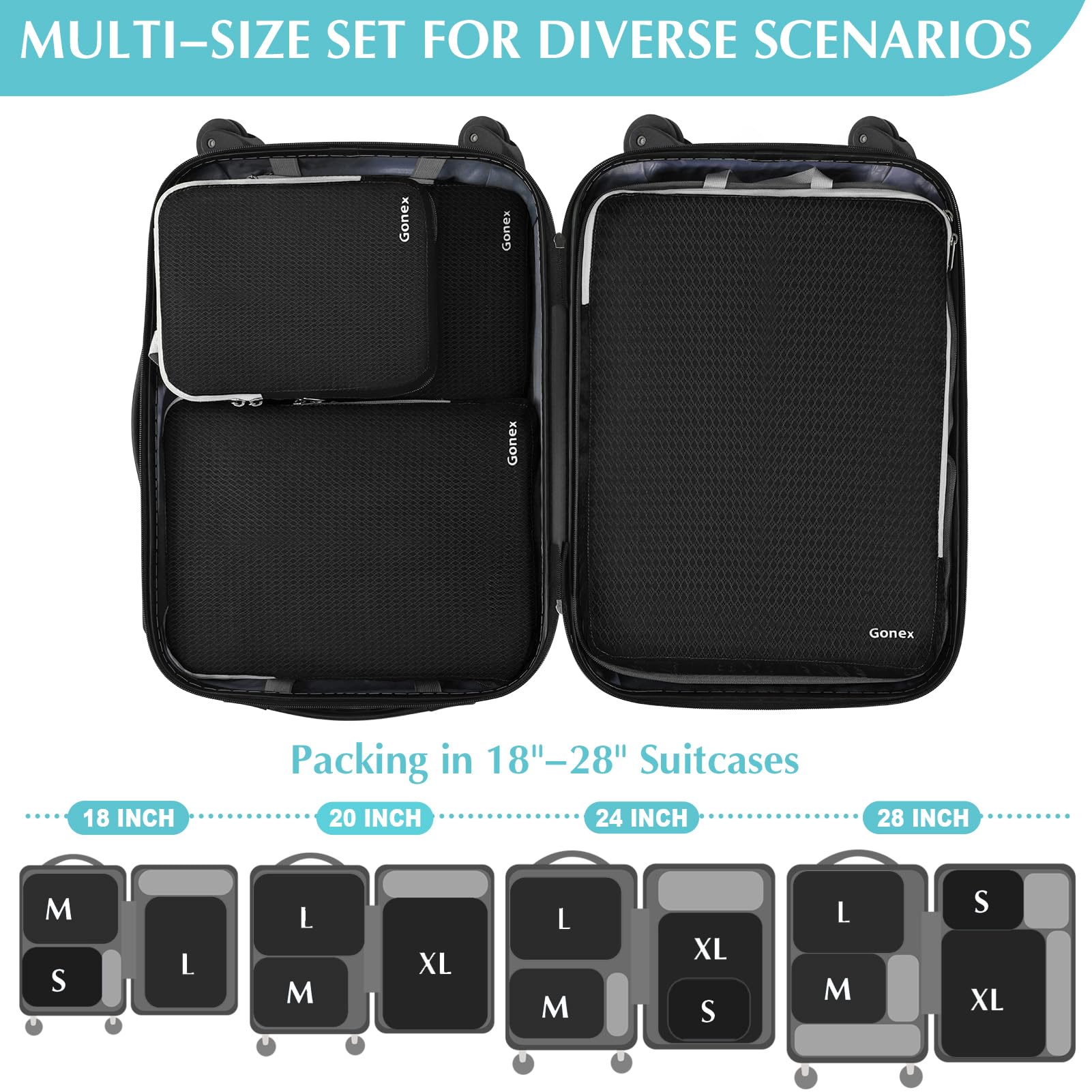 Gonex Compression Packing Cubes Set - 3 or 4 Piece Expandable Travel Luggage Organizer for Suitcases, Backpacks & Carry-Ons | Perfect for Business Trips, Vacations & Weekend Getaways