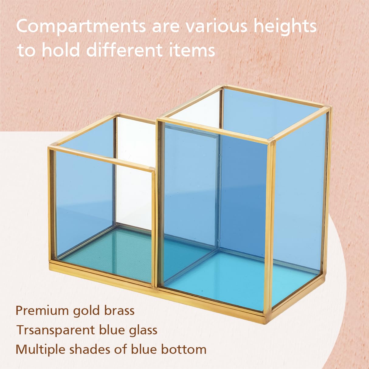 Elegant Gold & Blue Glass Desk Organizer - 2-Compartment Pen Holder, Makeup Brush & Pencil Cup for Office & Vanity | Stylish Cosmetic Storage & Desk Accessories for Women | Perfect for Home Office, Makeup Vanity & Workspace Organization