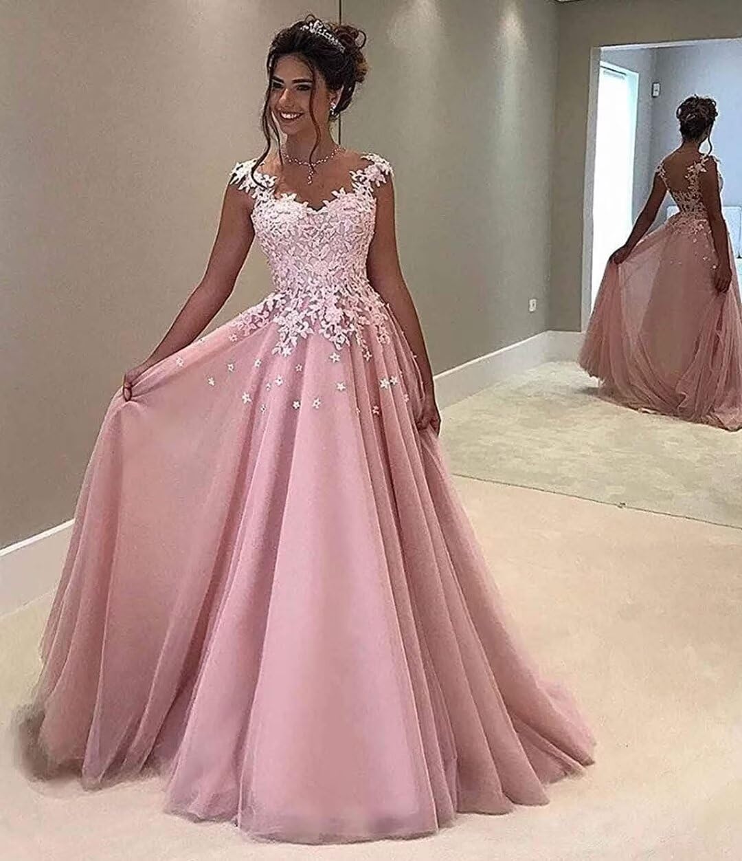 Elegant A-Line Appliques Tulle Prom Dresses for Women - Sleeveless Sweetheart Neckline Formal Gown with Straps | Perfect for Wedding, Party, Homecoming & Special Occasions