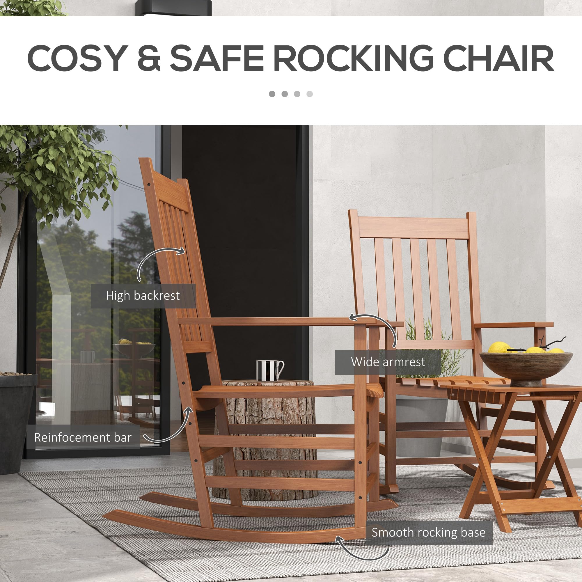 Outsunny Teak Wooden Rocking Chair Set with Foldable Side Table - Outdoor Rocker Chairs with Curved Armrests, High Back & Slatted Seat - Supports 352 lbs - Perfect for Garden, Balcony, Porch, Patio & Backyard Relaxation