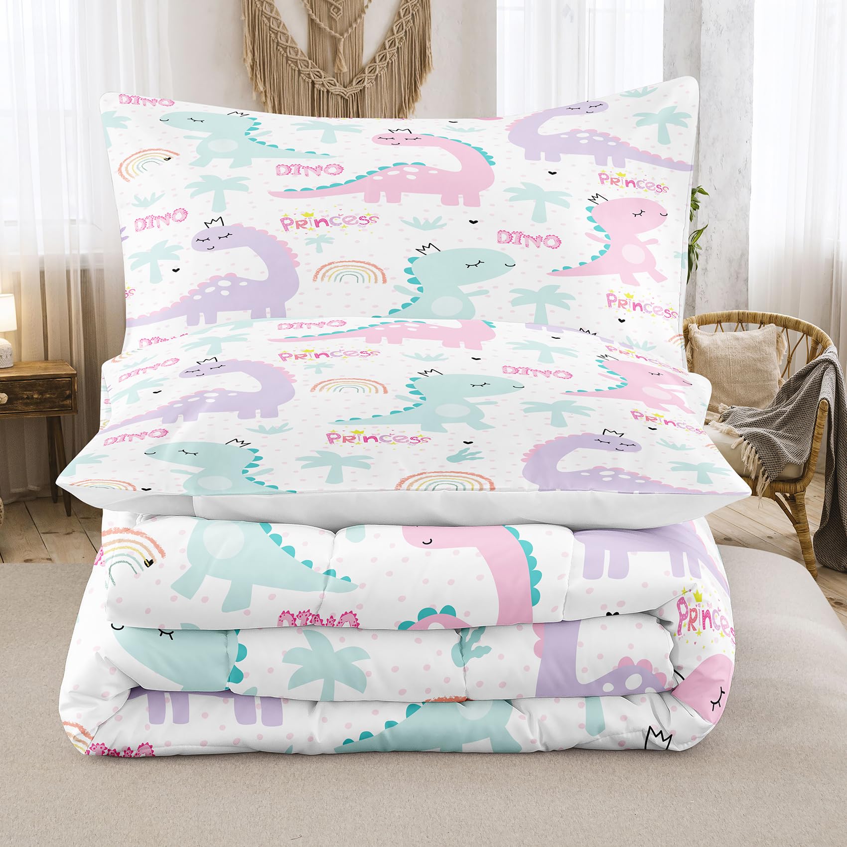 **NINENINE Twin Bedding Set for Girls - Dinosaur & Princess Themed Comforter Set, Soft Toddler Bedding for Kids (1 Comforter + 1 Pillowcase) - Perfect for Bedrooms, Sleepovers & Playrooms**