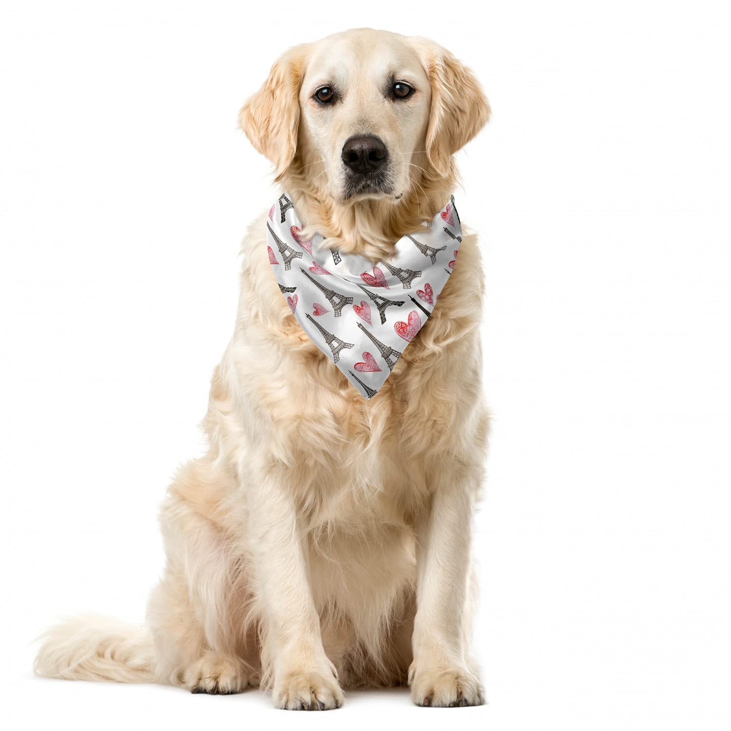 Lunarable Paris Dog Bandana - Eiffel Tower & Love Hearts Design, 16x16 Inch Washable Pet Scarf for Small & Medium Dogs - Perfect for Walks, Photos & Special Occasions