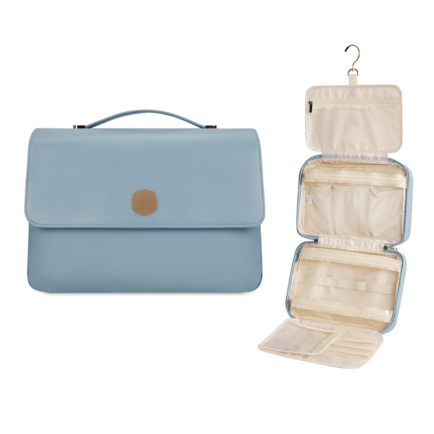 Waterproof Hanging Travel Toiletry Bag for Women - PU Leather Makeup Organizer with 4 Compartments for Full-Sized Cosmetics (Blue) | Perfect for Camping, Gym & Airplane Carry-On