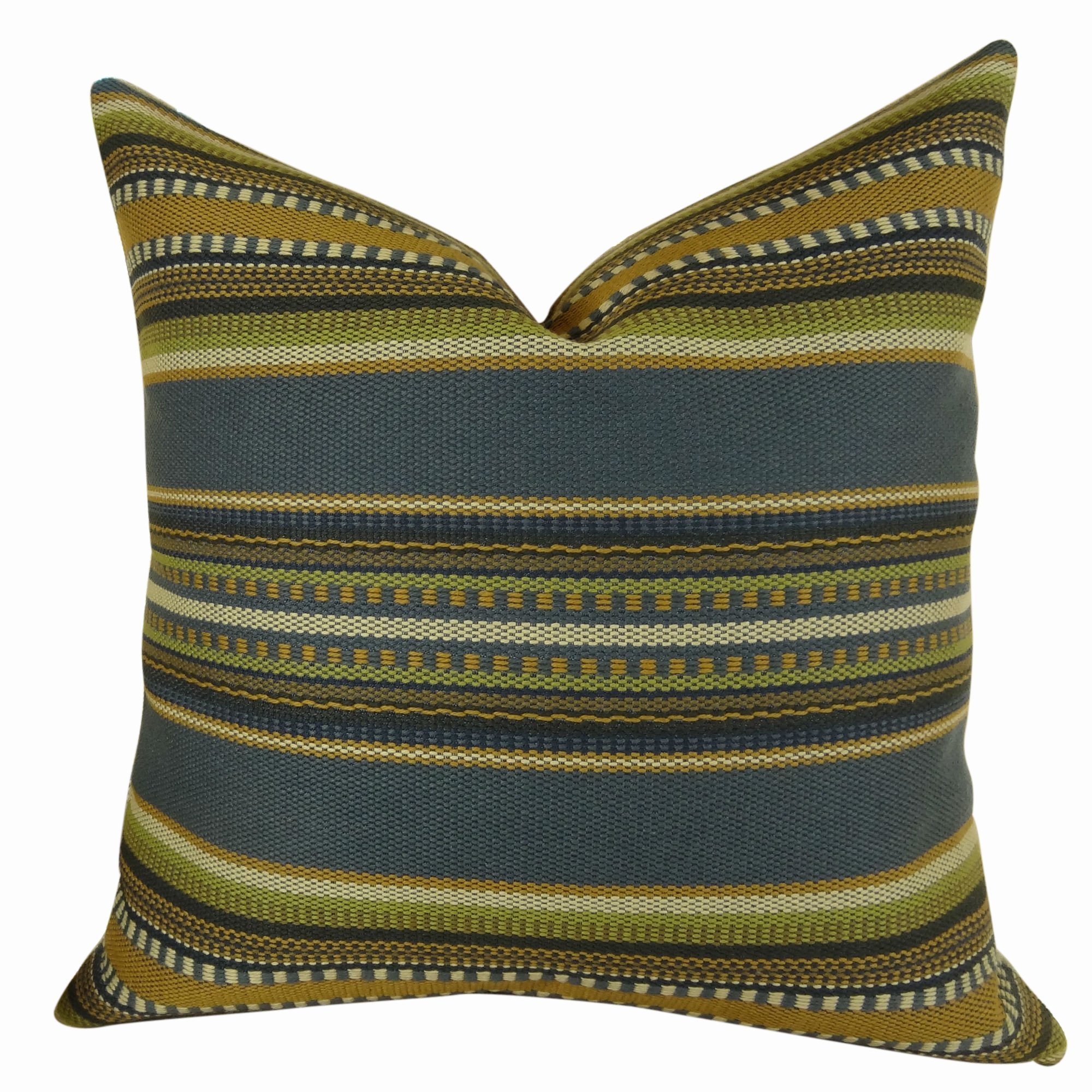 Handmade Designer Decorative Stripe Pillow - Blue Green Tan Cream & Indigo Blue Stripes - Chic Couch Pillow for Living Room, Bedroom, or Nursery Decor | Made in USA