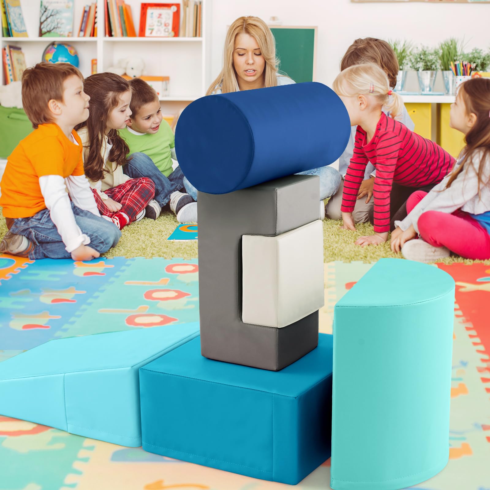 KOTEK 6-Piece Soft Foam Play Set for Toddlers - Climbing Blocks, Crawling Tunnels & Slide - Safe Indoor Playground Equipment for Babies & Kids (Blue & Grey) - Perfect for Playrooms, Daycares & Home Fun