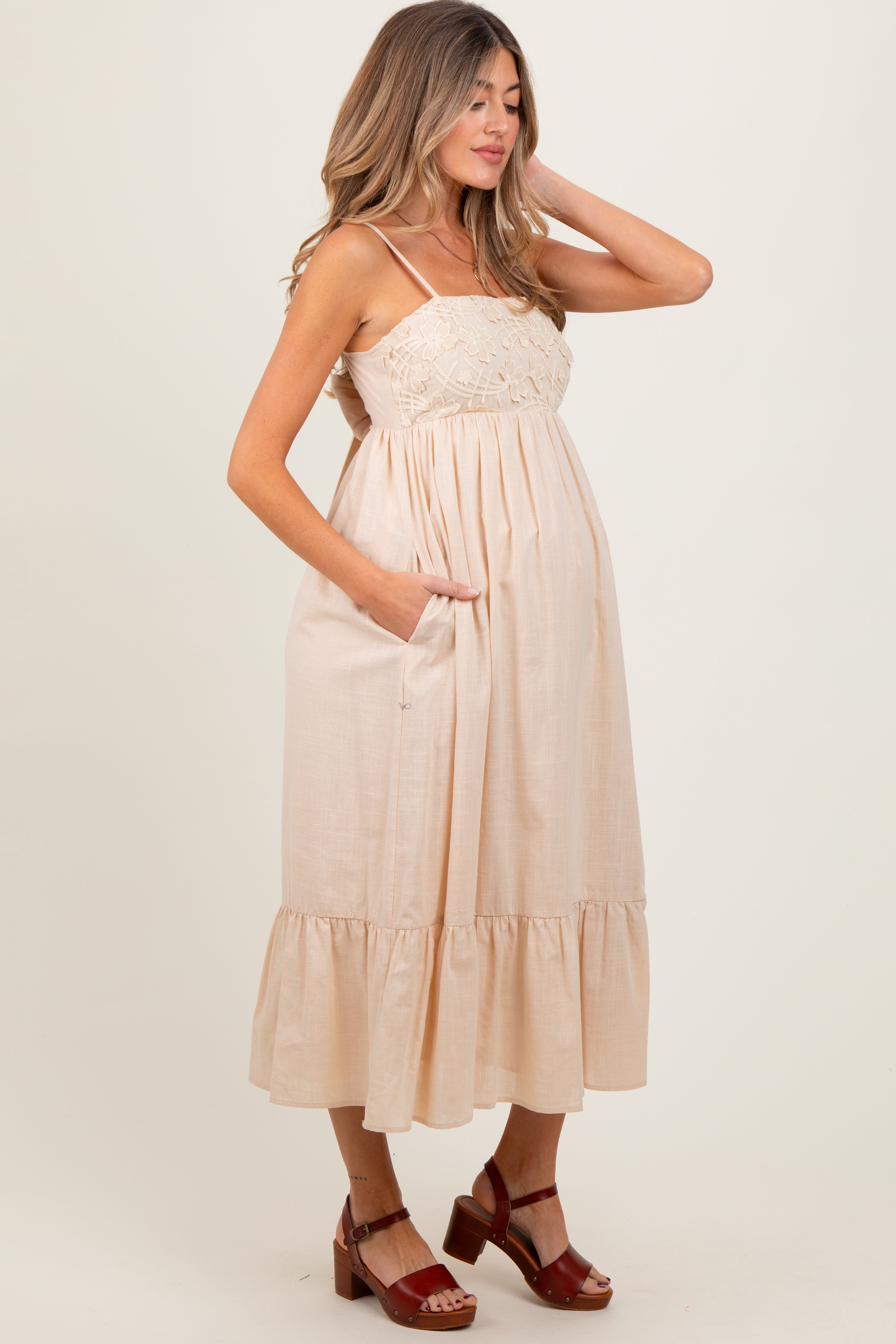 Beige Floral Embroidery Maternity Dress with Back Ribbon - Elegant Midi Length for Pregnancy, Baby Shower & Special Occasions