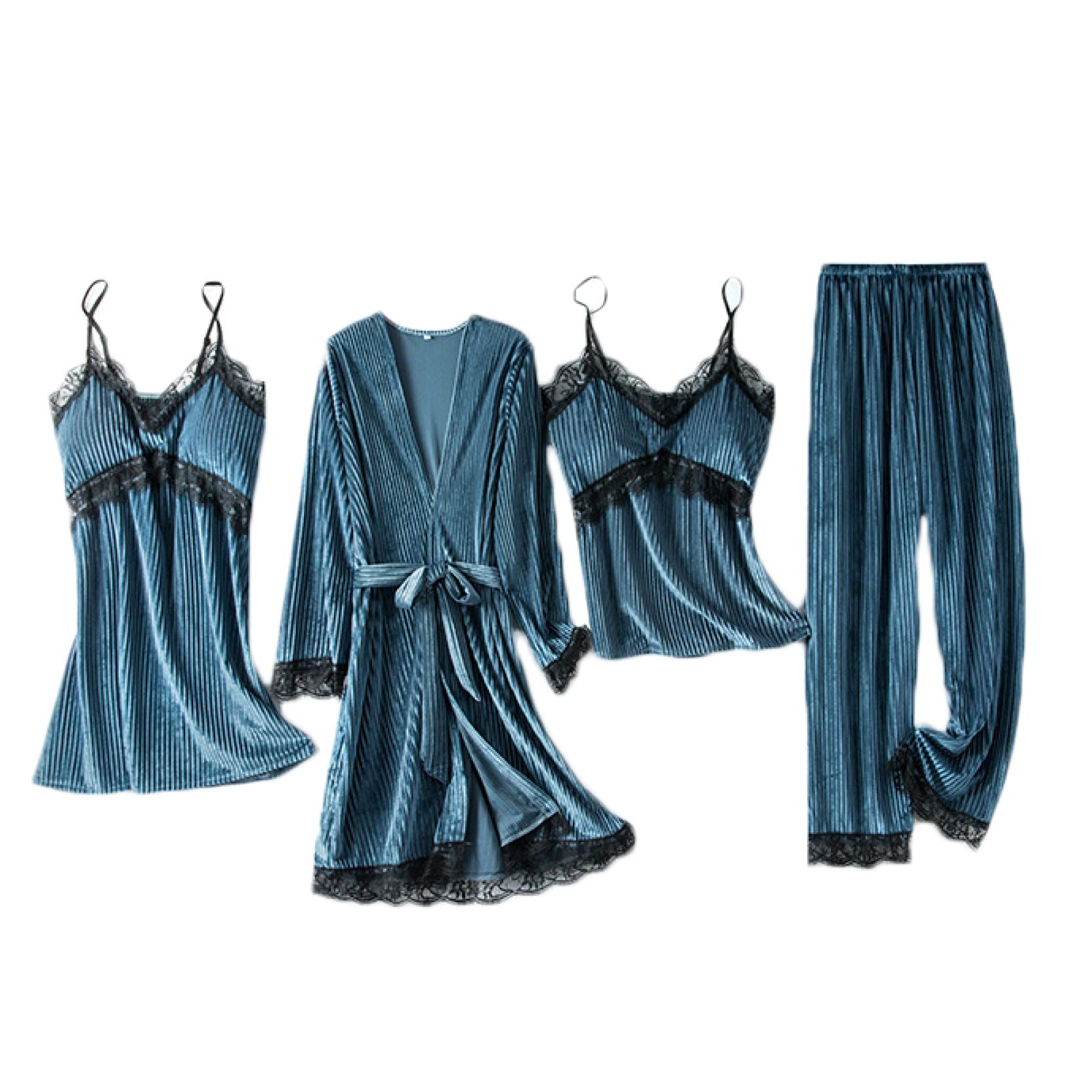 Women's 4-Piece Velvet Pajama Set - Sexy Lace Sleepwear with Cami Top, Nightgown & Pajama Pants for Ladies | Cozy Winter Nightwear, Valentine's Gift, Romantic Lingerie for Couples