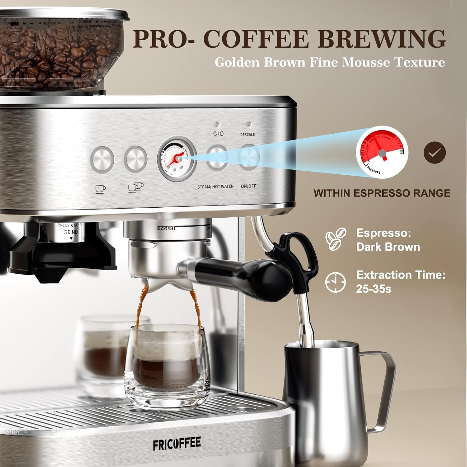 WantJoin Semi-Automatic Espresso Machine with Built-in Grinder & Milk Frother - Stainless Steel Cappuccino Maker for Home Baristas & Coffee Lovers - Perfect for Kitchen, Office, or Small Cafes