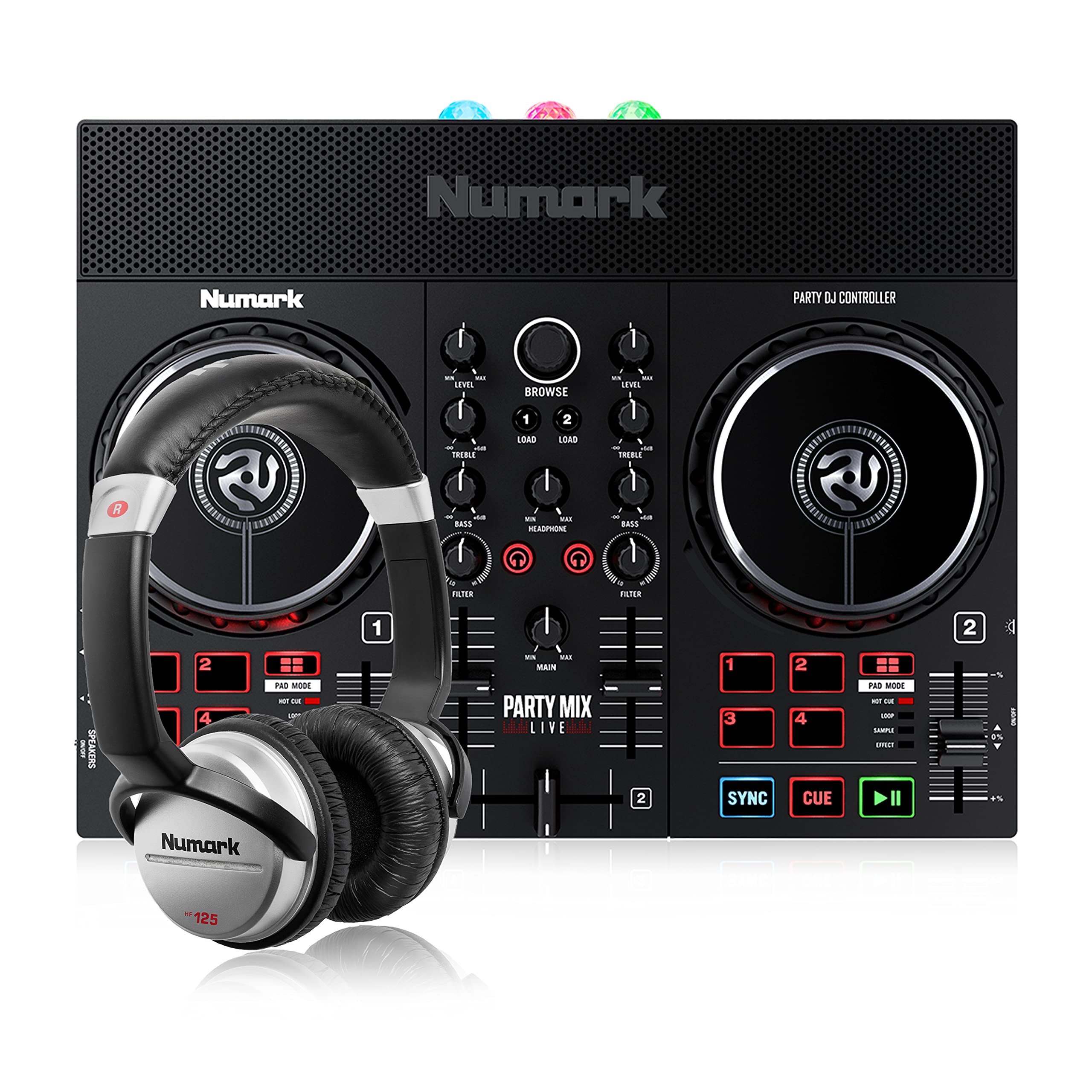 Numark Party Mix Live DJ Controller with HF125 Headphones - Complete DJ Set with Lights, Speakers, Mixer for Adults & Kids | Perfect for Home Parties, Birthday Events & Music Practice