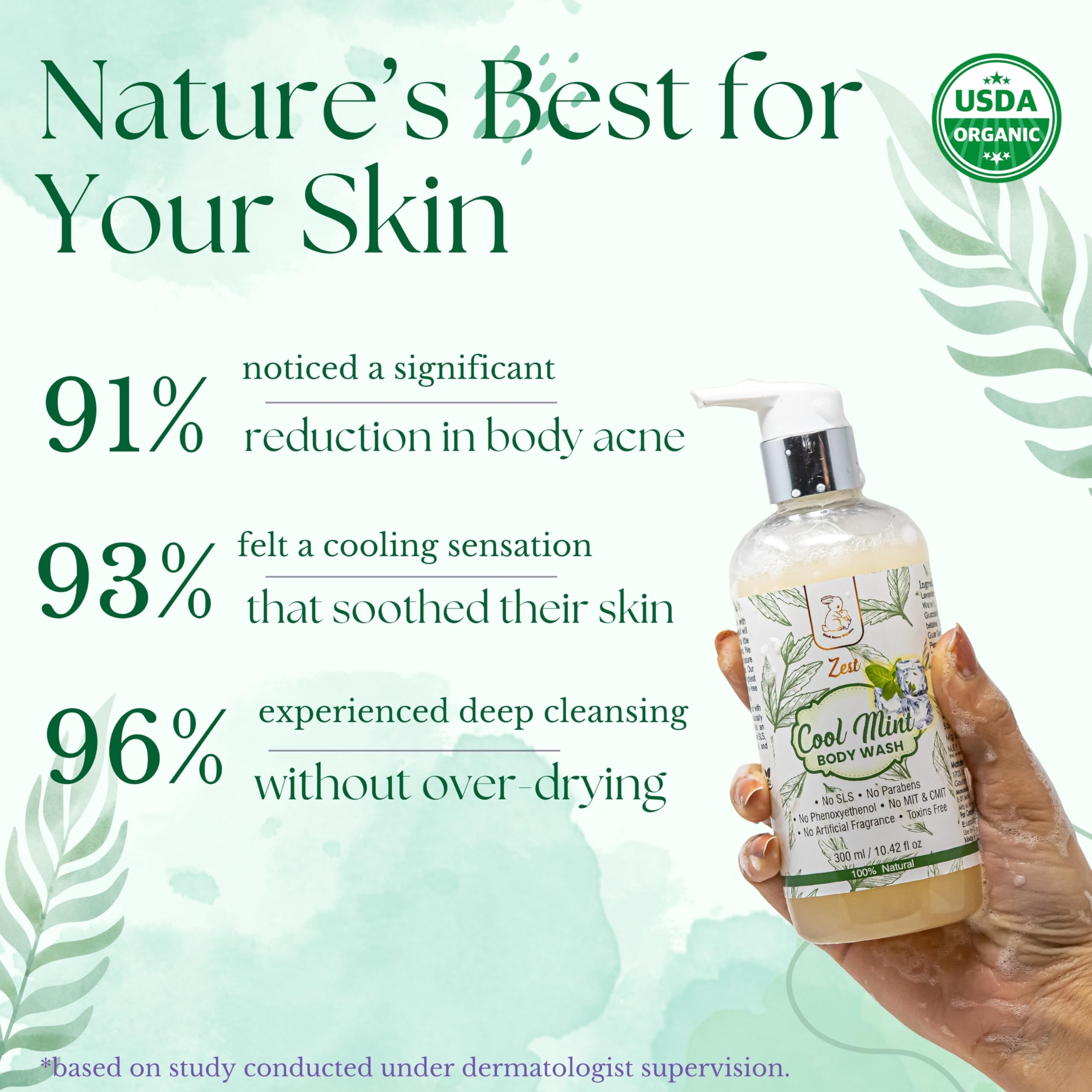 Blush Bunny Organics Zest Cool Mint Body Wash - USDA Certified Organic Anti-Acne Body Wash with Tea Tree & Peppermint Oil for Men & Women | Vegan, SLS, Paraben & Alcohol Free (300ml) - Refreshing Daily Shower for Clear, Healthy Skin