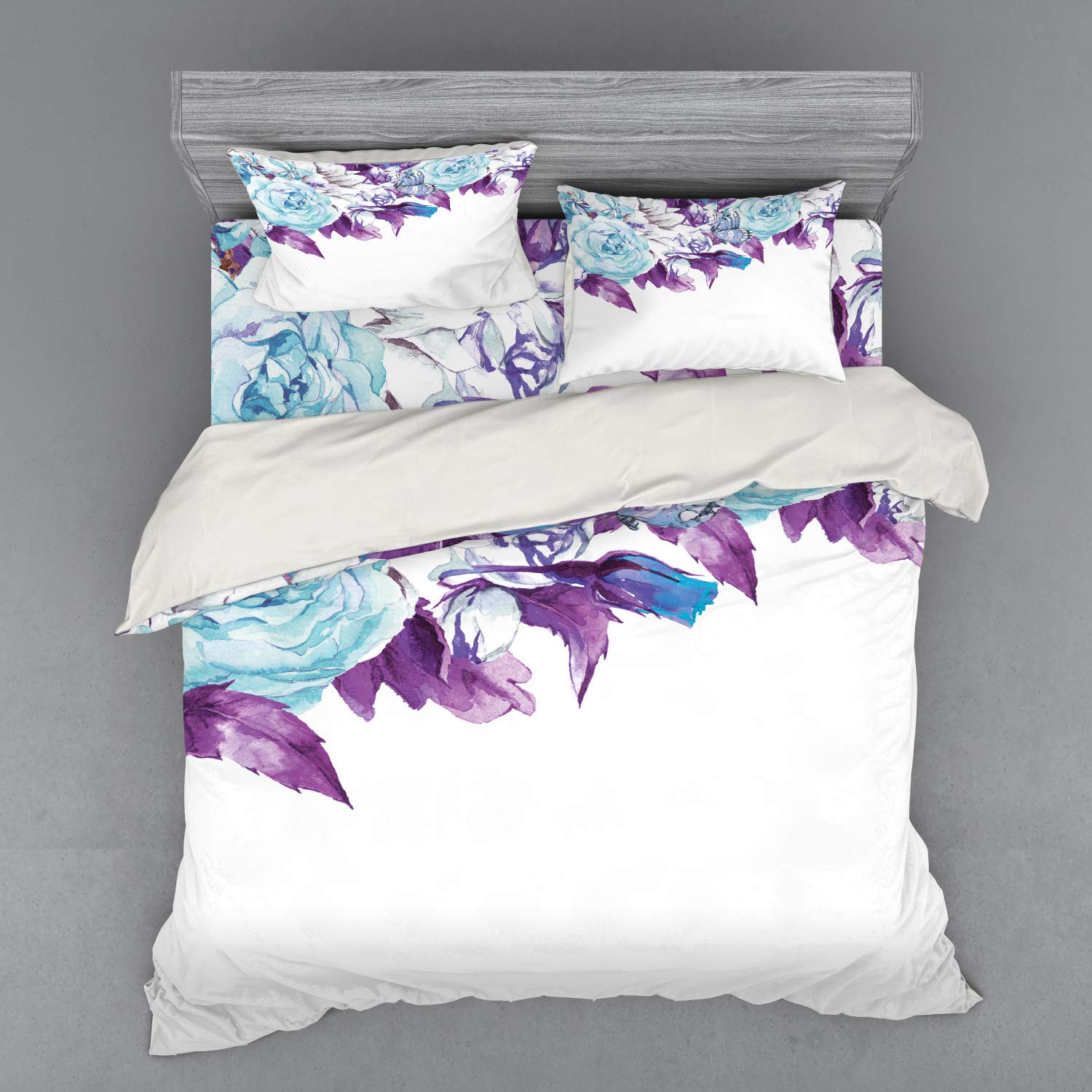 Ambesonne Floral Duvet Cover Set - Vintage Classic Flower Petals 4-Piece King Size Bedding with Shams & Fitted Sheet in Pale Blue Purple | Perfect for Bridal Wedding, Romantic Bedroom Decor & Shabby Chic Home Design