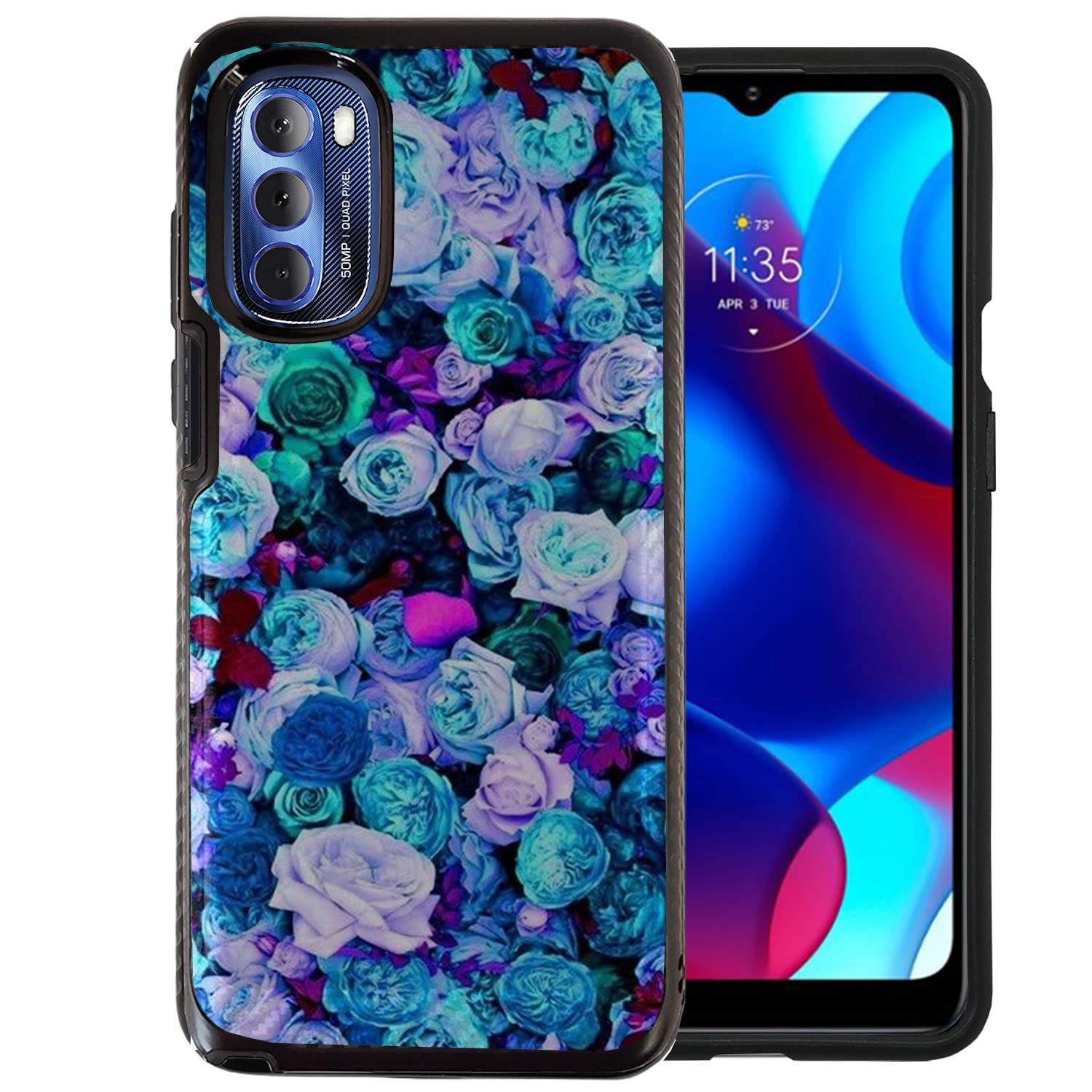 CasesOnDeck Premium Fitted Case for Moto G Stylus 2022 - Shockproof Brushed Armor Hybrid Grip Phone Cover with Blue Roses Design | Perfect for Everyday Protection & Stylish Look