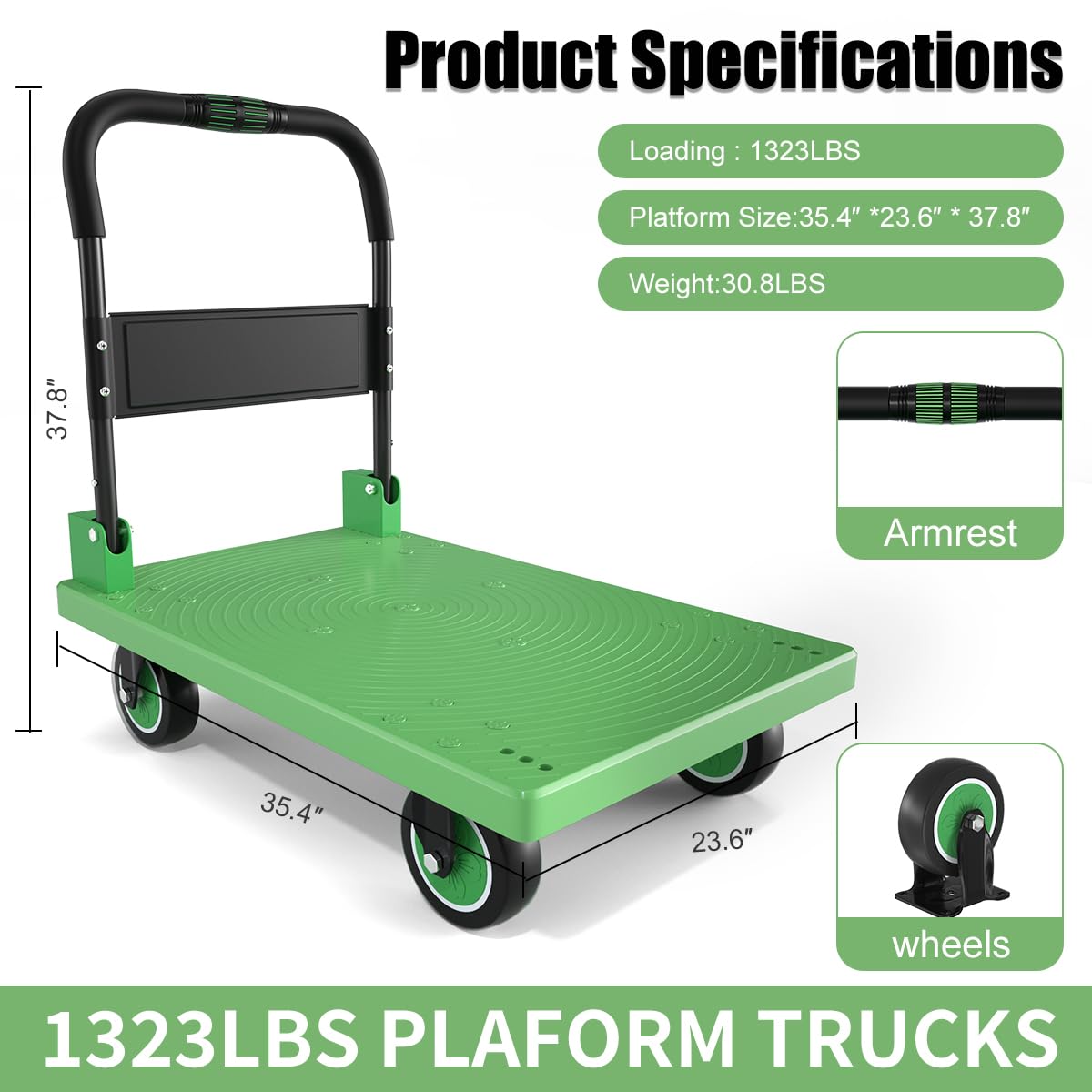 **WUD Heavy Duty Folding Push Cart - 1323 lb Capacity, 360° Swivel Wheels, Reinforced Steel Frame (35.4