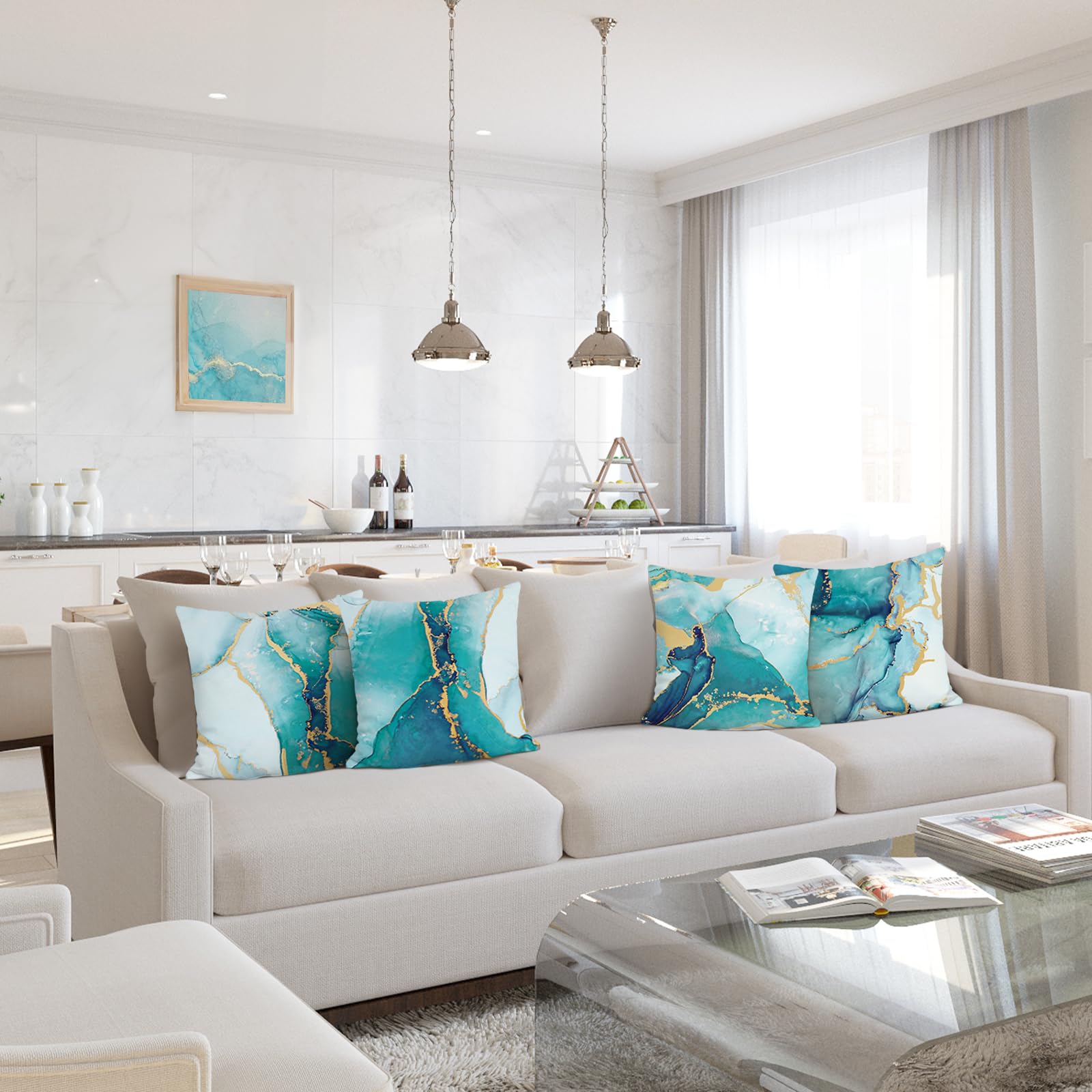 Bonhause Turquoise Marble Throw Pillow Covers 18x18 Inch Set of 4 - Reversible Teal & Gold Abstract Art Velvet Cushion Covers for Sofa, Bed, Living Room - Modern Home Decor for Indoor & Outdoor Use