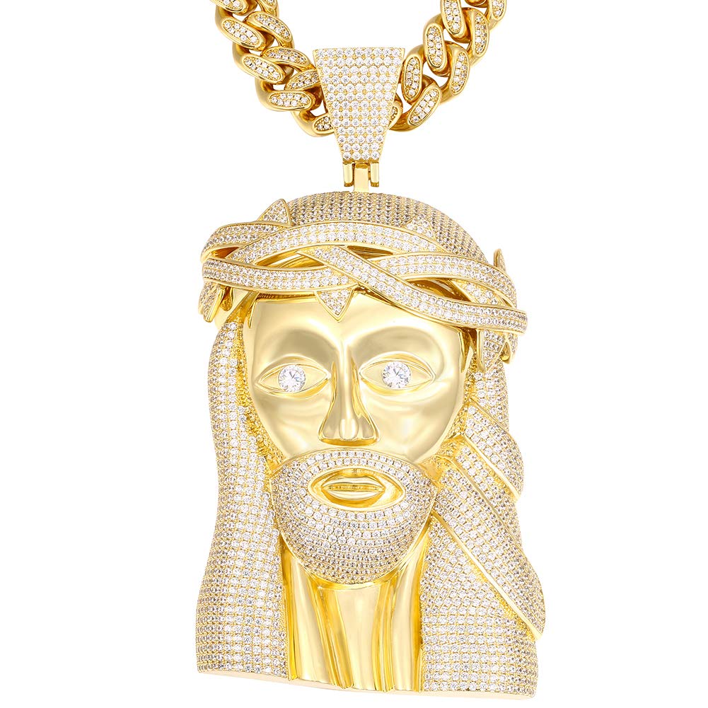 TUHE Oversized 3D Hip Hop Jesus Pendant Necklace - 18K Gold Plated AAA Cubic Zirconia Iced Out Chain for Men & Women - Bling Bling Religious Jewelry with 24