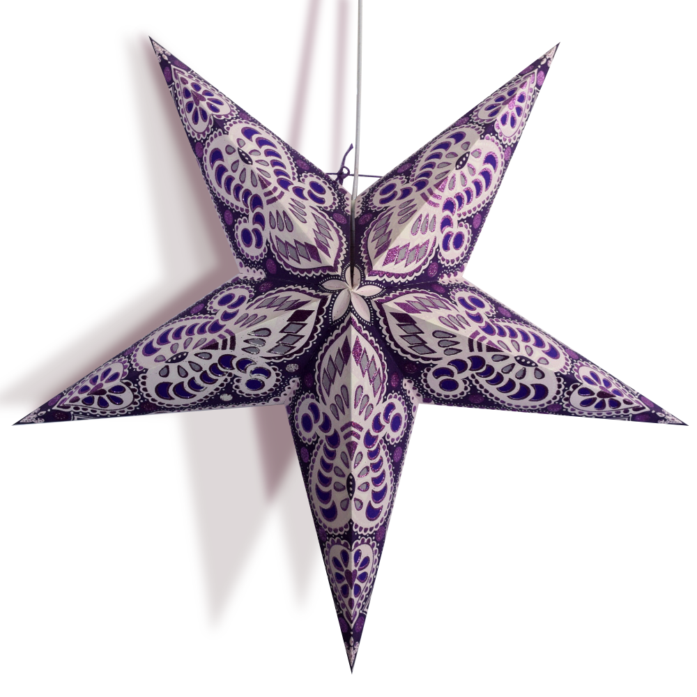 24-Pack Purple Pink Peacock Glitter Paper Star Lanterns for Party Decorations, Wedding, Baby Shower & Home Hanging Decor