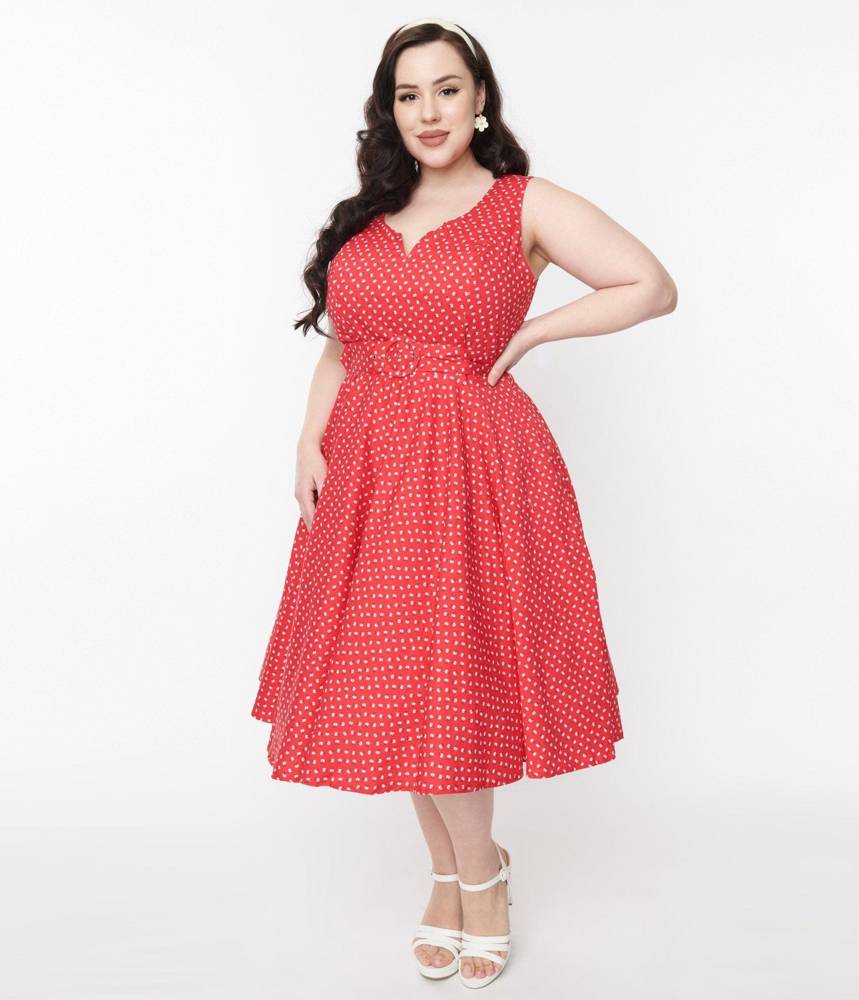 Red & White Floral Dot Belted Swing Dress - Women's Vintage Style A-Line Dress for Casual Wear, Parties & Date Nights