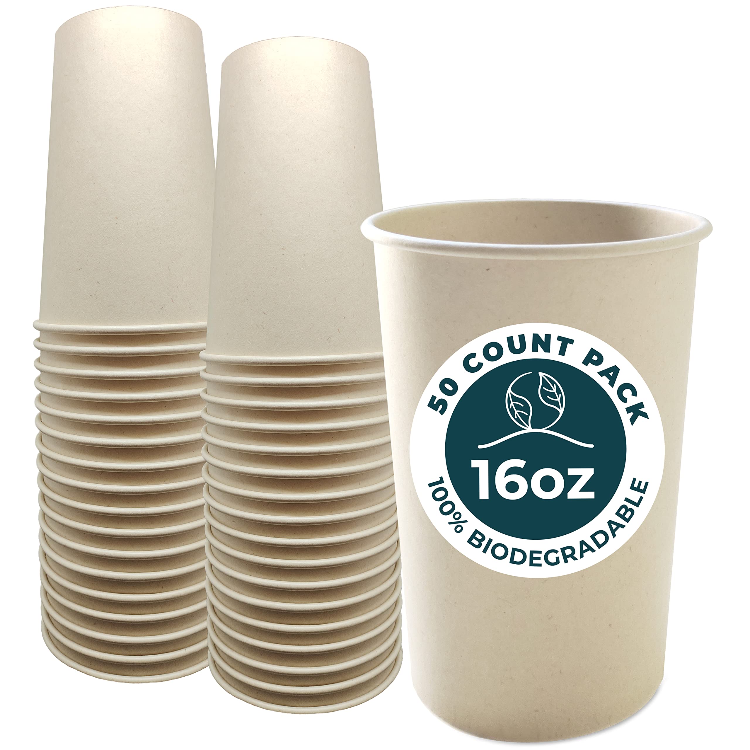 50 Count 16 oz Biodegradable Disposable Coffee Cups - Eco-Friendly Party Cups Made from Natural Sugarcane Bagasse Fiber - Sturdy Hot & Cold Drink Cups for Office, Picnics, and Outdoor Events